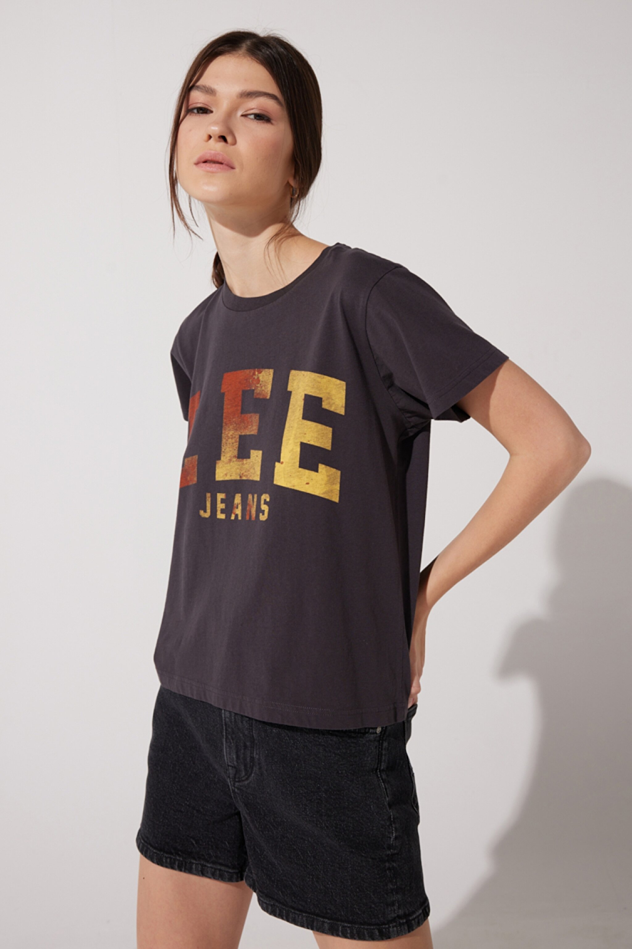Loose Fit Rahat Kesim %100 Pamuk Bisiklet Yaka Antrasit Tişört - Washed Black-LV04EHON (görsel 3)