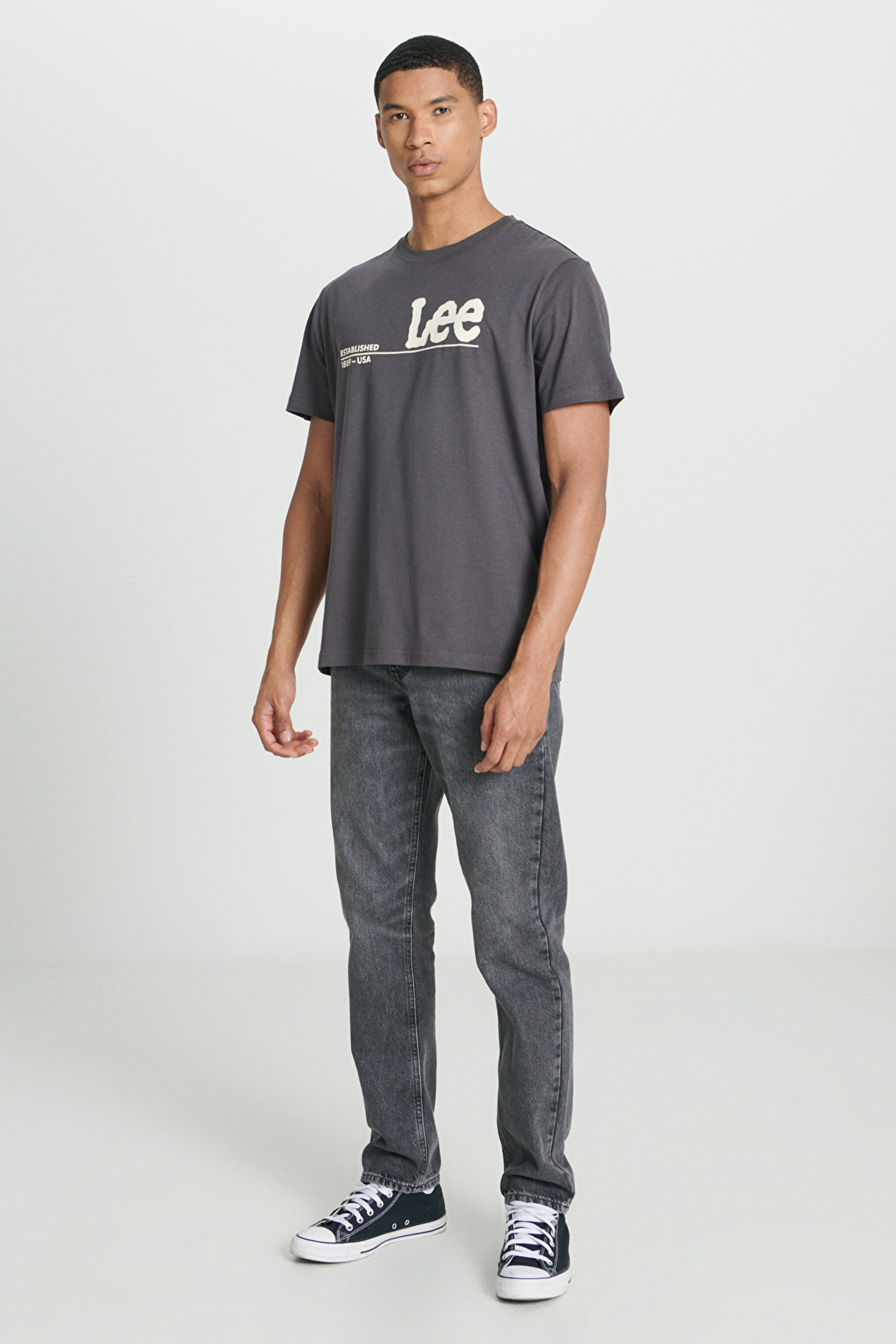 Regular Fit Normal Kesim %100 Pamuk Bisiklet Yaka Antrasit Tişört - Washed Black-LV21FQON (görsel 4)