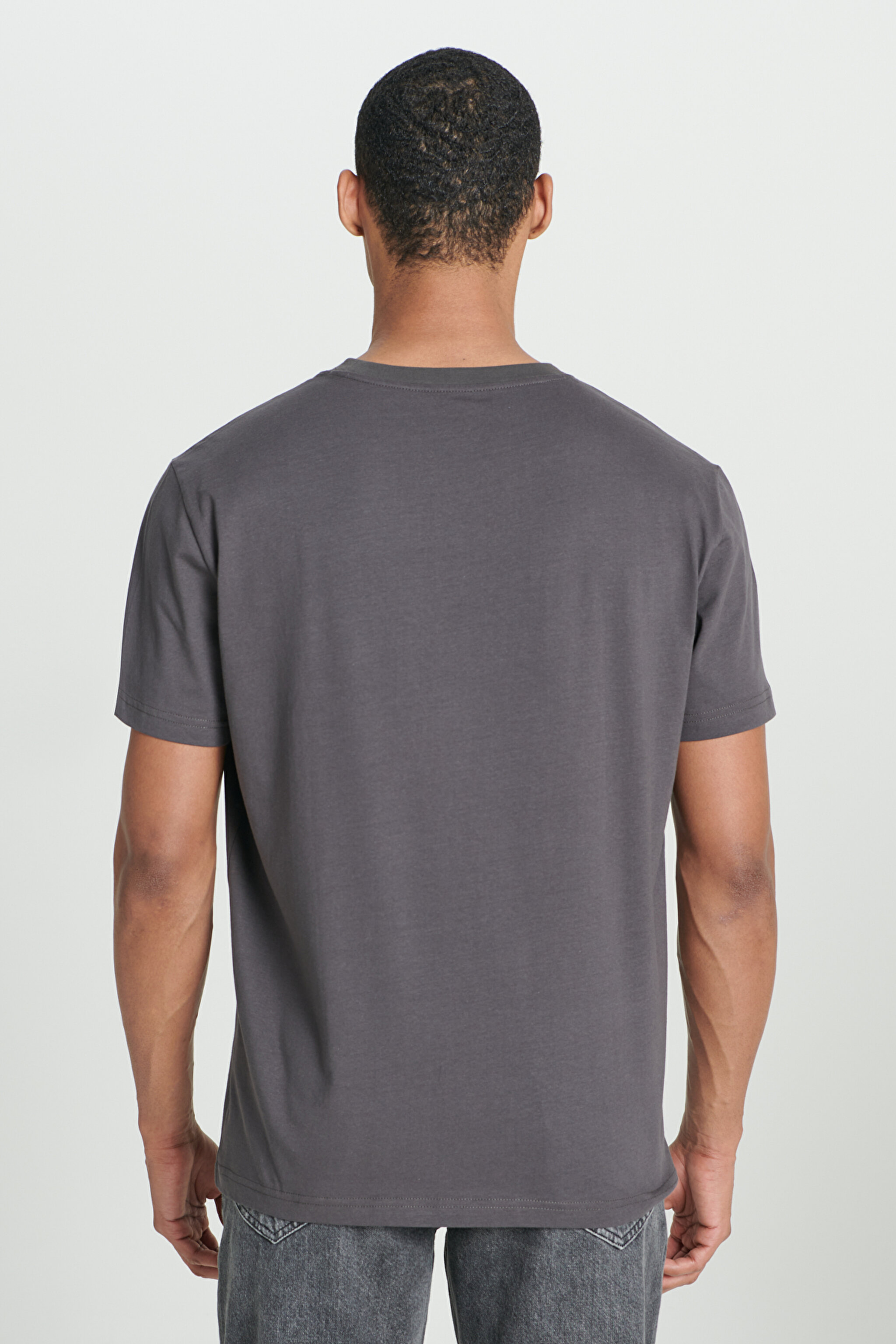 Regular Fit Normal Kesim %100 Pamuk Bisiklet Yaka Antrasit Tişört - Washed Black-LV21FQON (görsel 6)