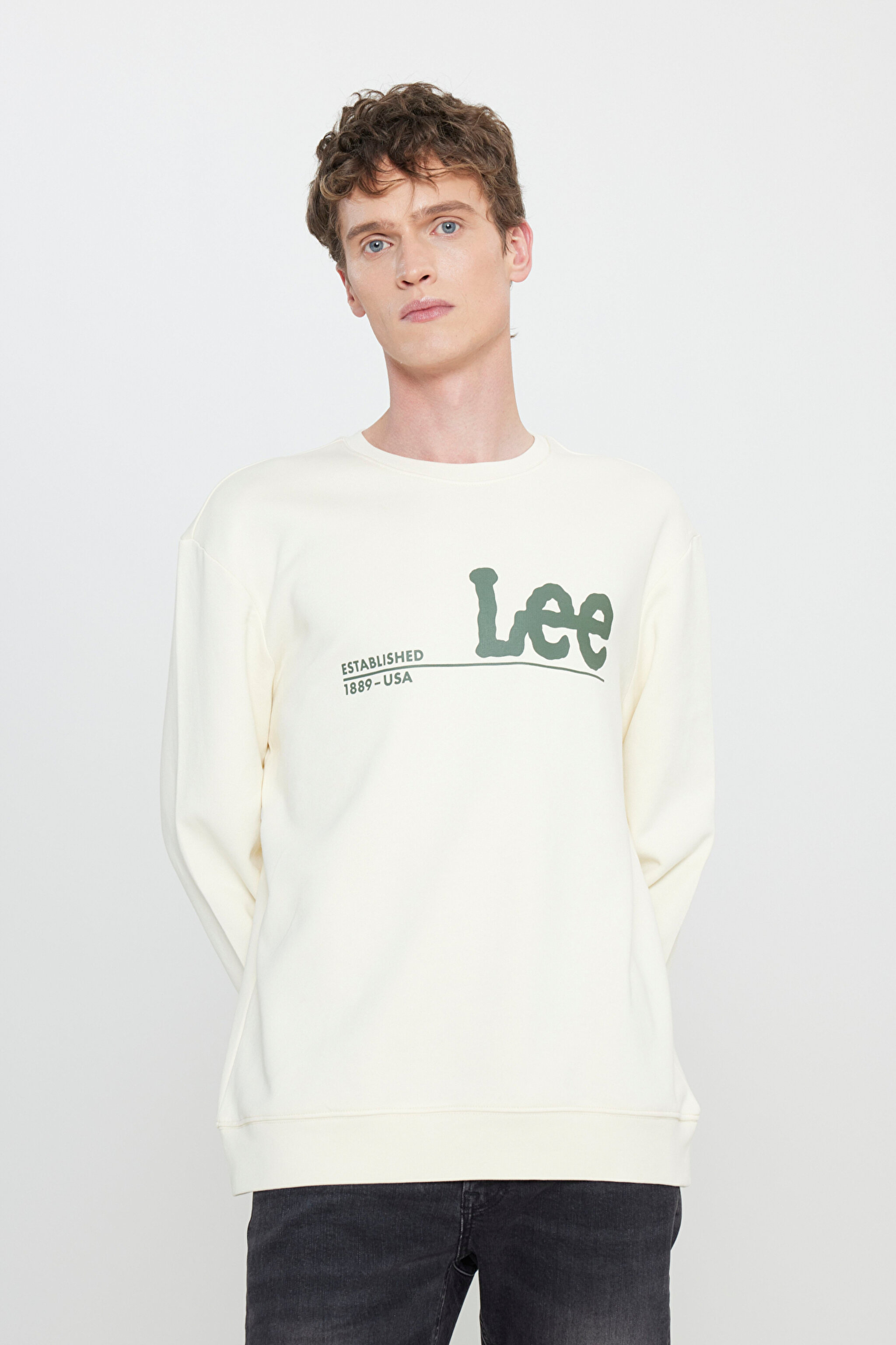 Regular Fit Normal Kesim %100 Pamuk Bisiklet Yaka Şardonlu Ekru Sweatshirt