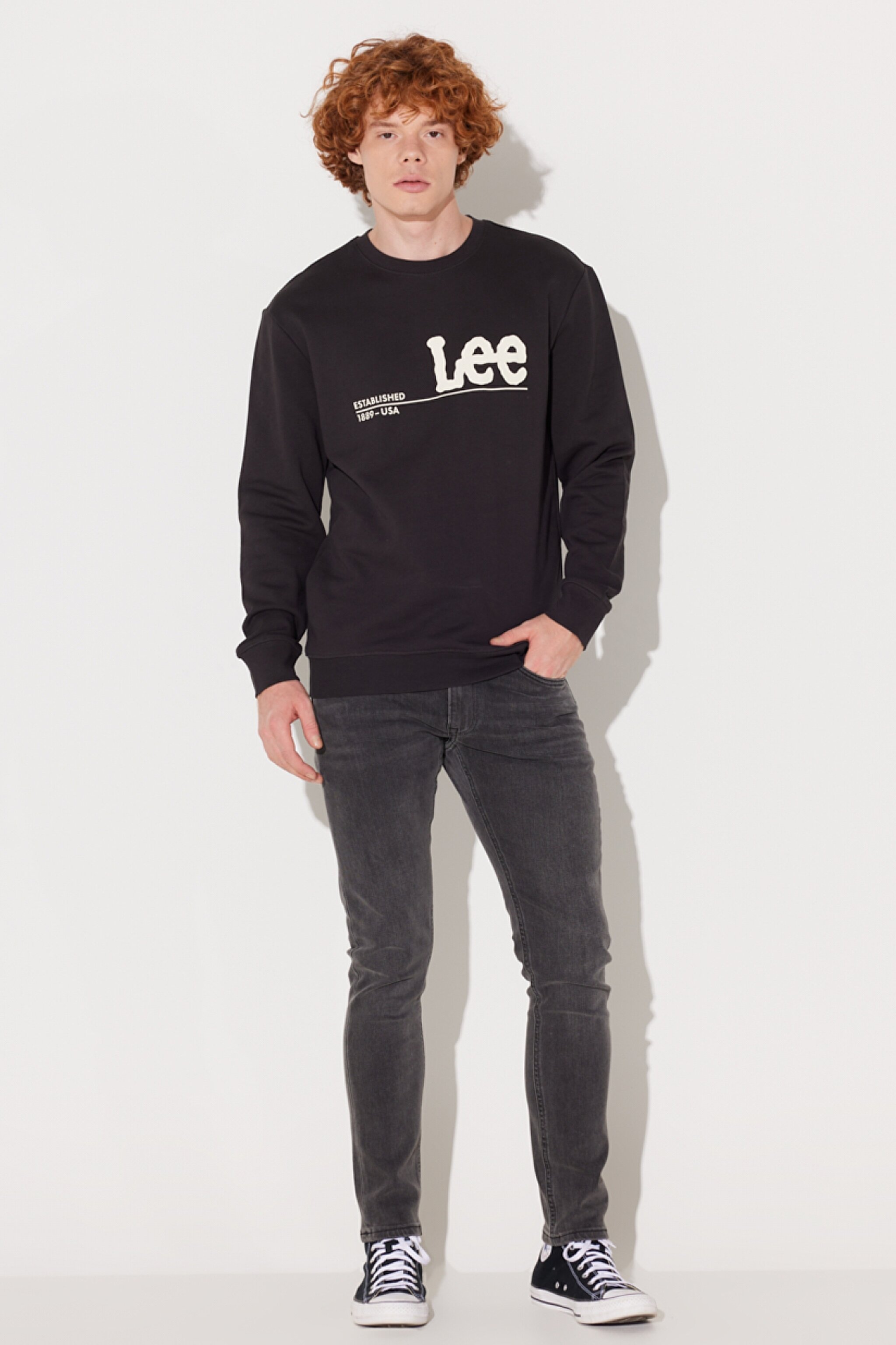 Regular Fit Normal Kesim %100 Pamuk Bisiklet Yaka Şardonlu Antrasit Sweatshirt - Washed Black-LV25EJON (görsel 4)