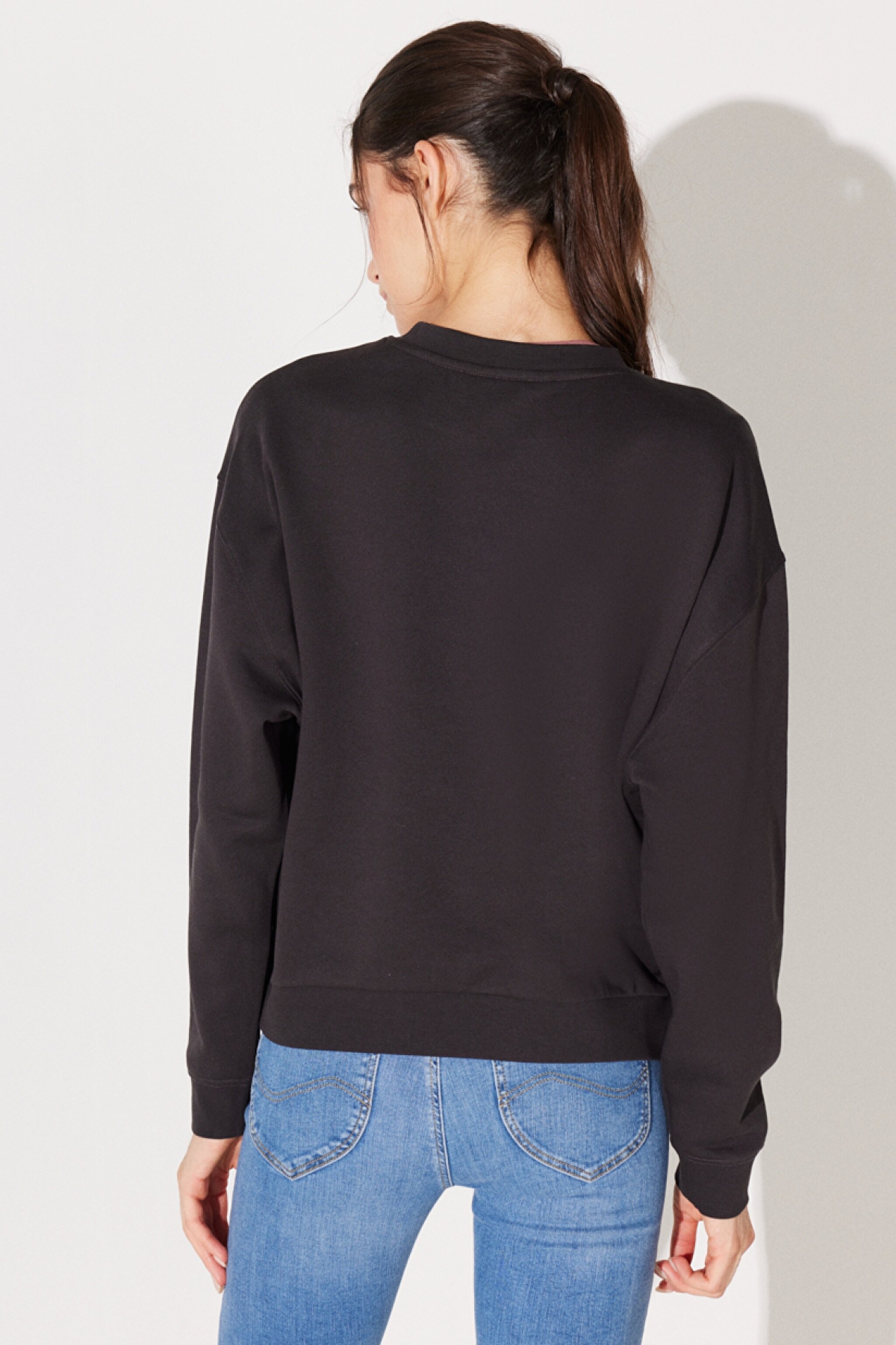 Relaxed Fit Geniş Kesim %100 Pamuk Bisiklet Yaka Şardonlu Antrasit Sweatshirt - Washed Black-LV32EJON (görsel 7)