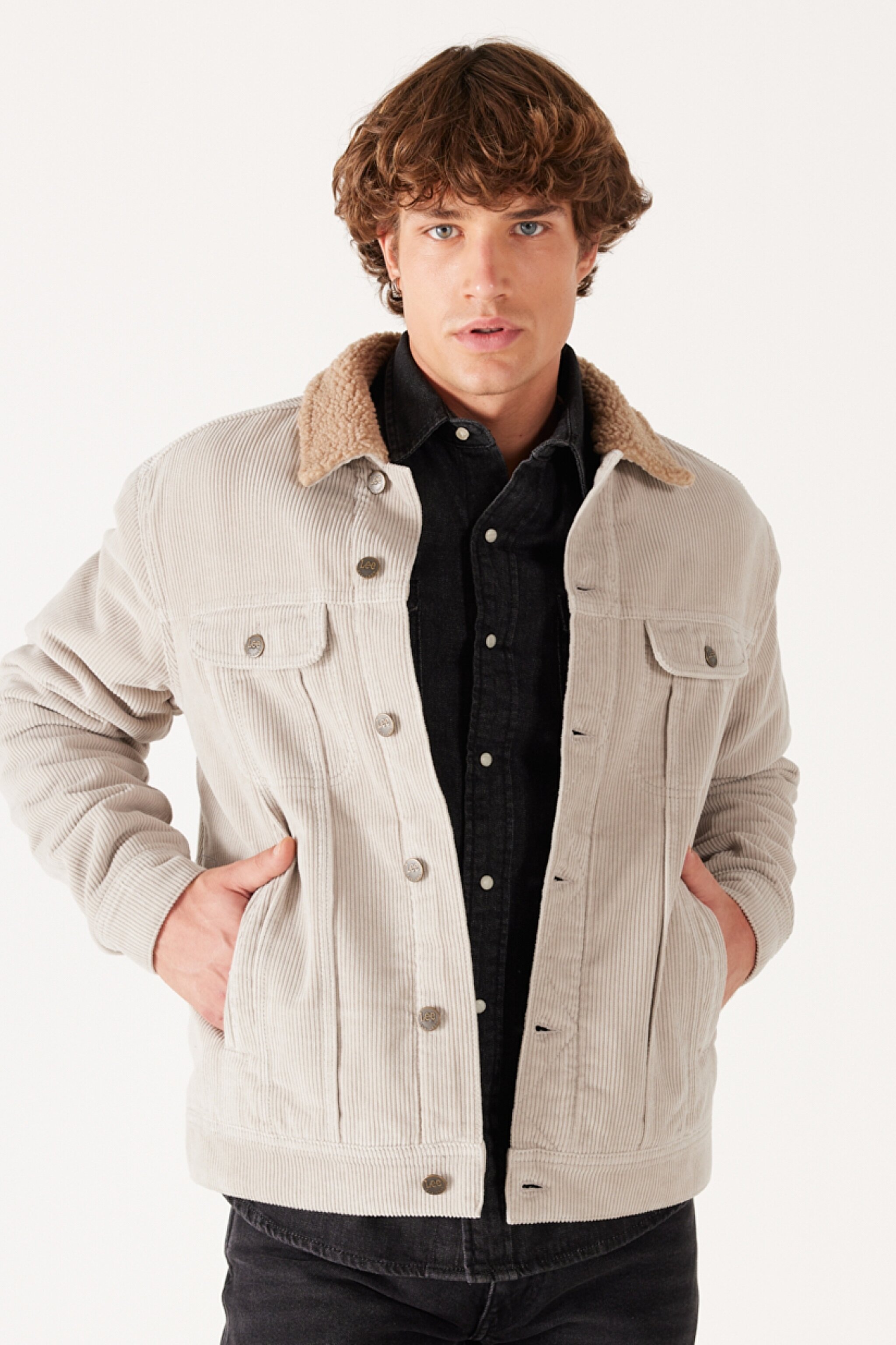 Regular Fit Normal Kesim %100 Pamuk Sherpa Yaka Bej Kadife Ceket - Salina Stone-LV50OOE32 (görsel 4)