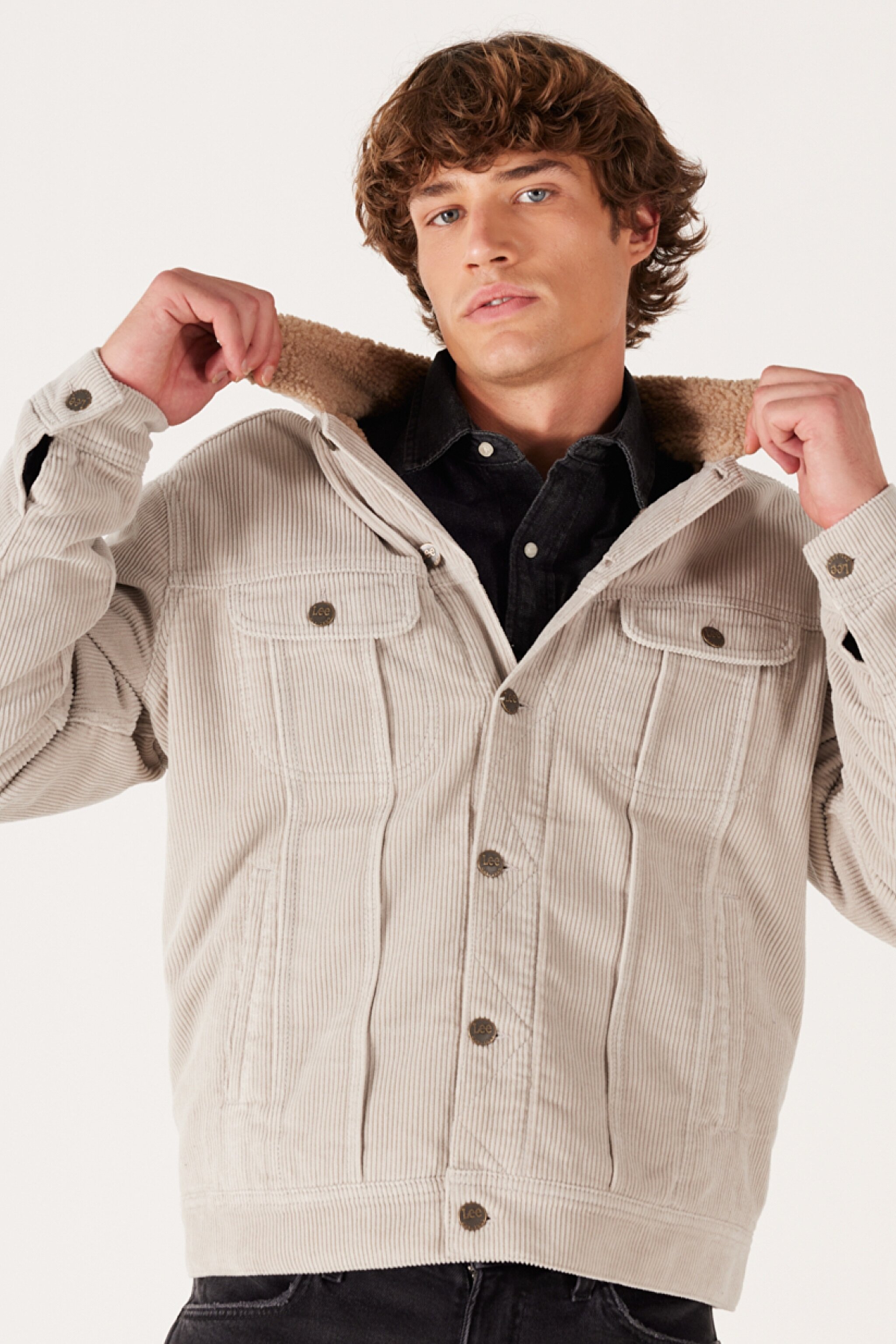 Regular Fit Normal Kesim %100 Pamuk Sherpa Yaka Bej Kadife Ceket - Salina Stone-LV50OOE32 (görsel 5)