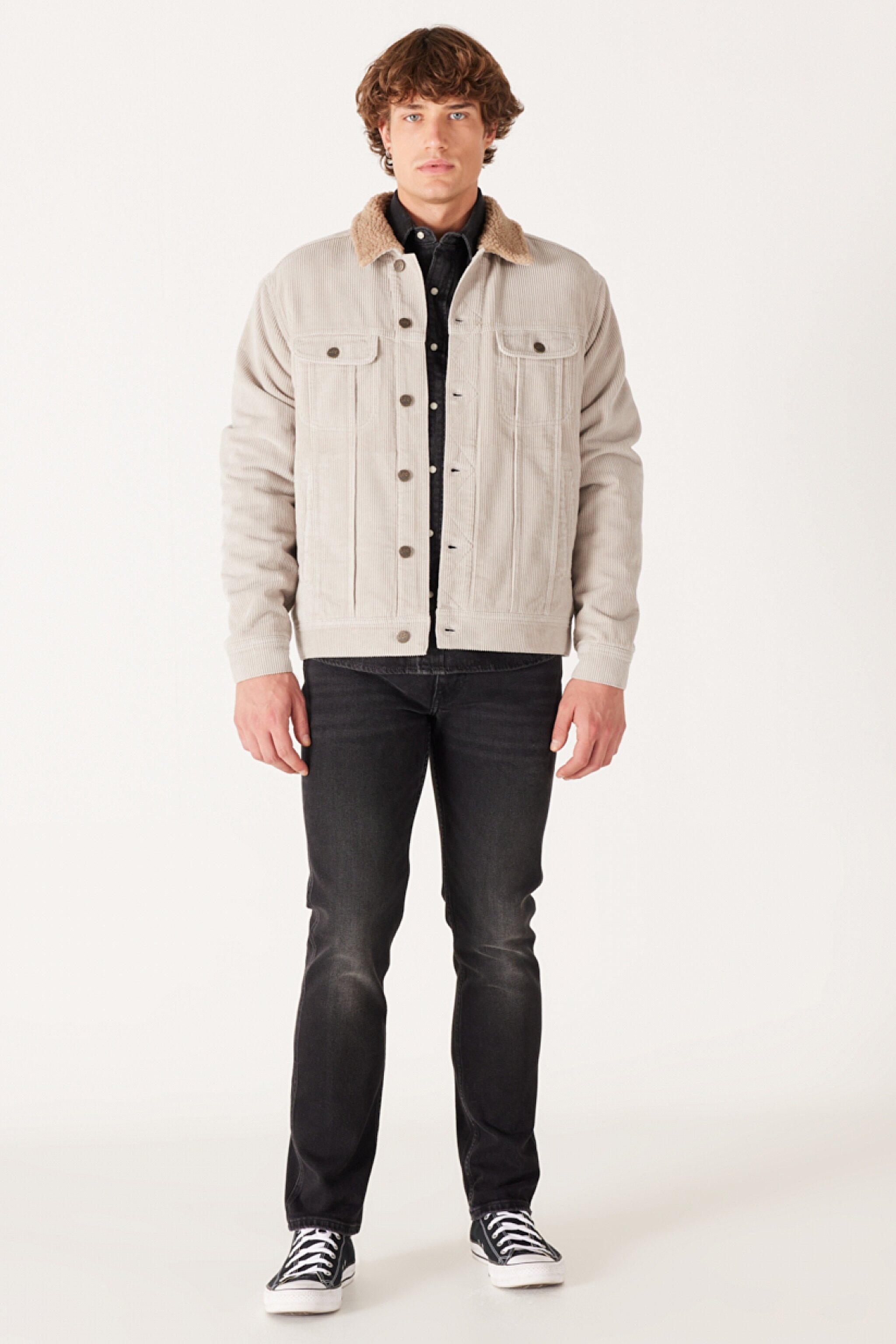 Regular Fit Normal Kesim %100 Pamuk Sherpa Yaka Bej Kadife Ceket - Salina Stone-LV50OOE32 (görsel 7)