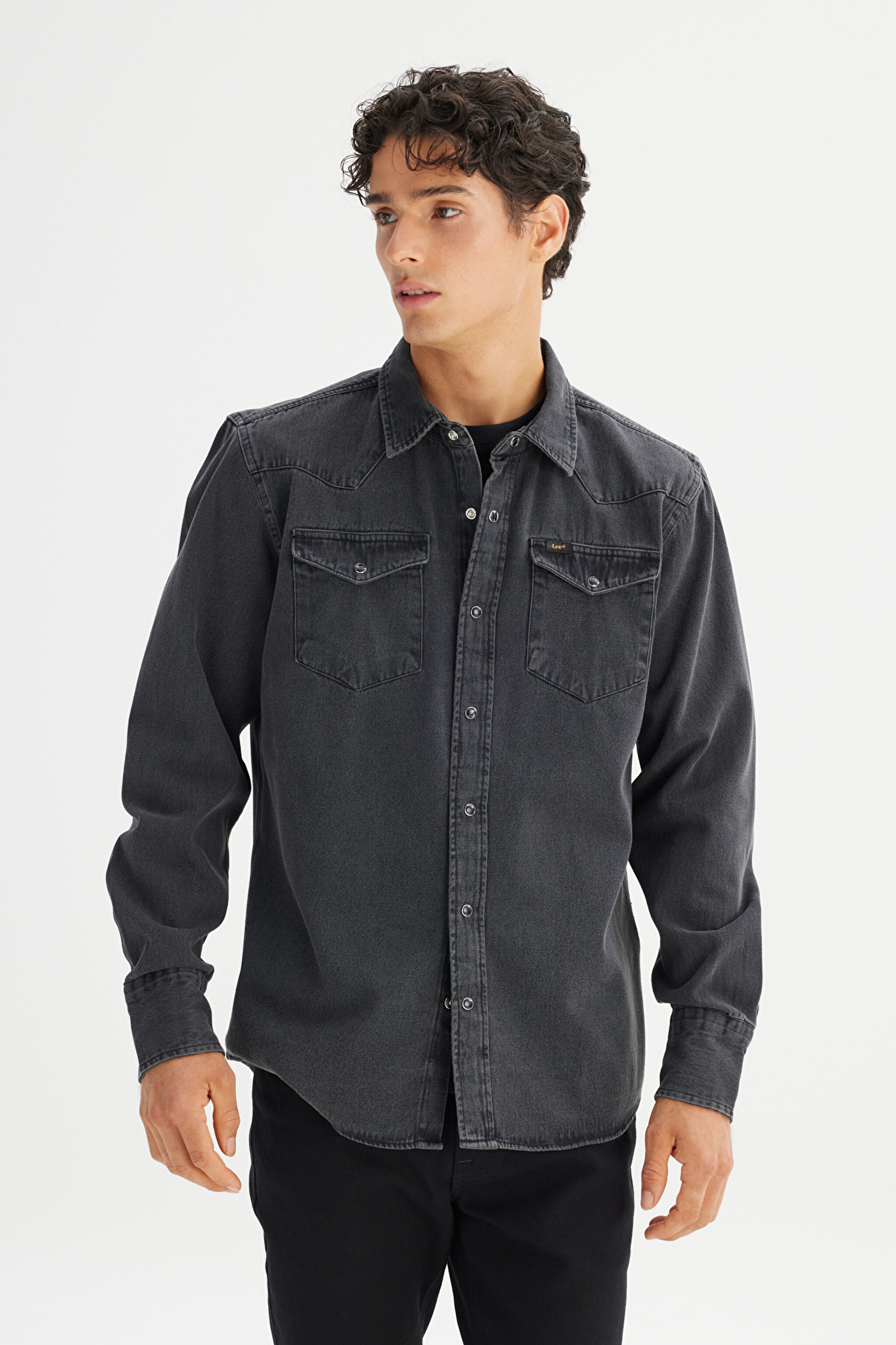 %100 Pamuk Regular Fit Normal Kesim Klasik Yaka Cepli Denim Gömlek - Anthracita-ML241513003 (görsel 3)