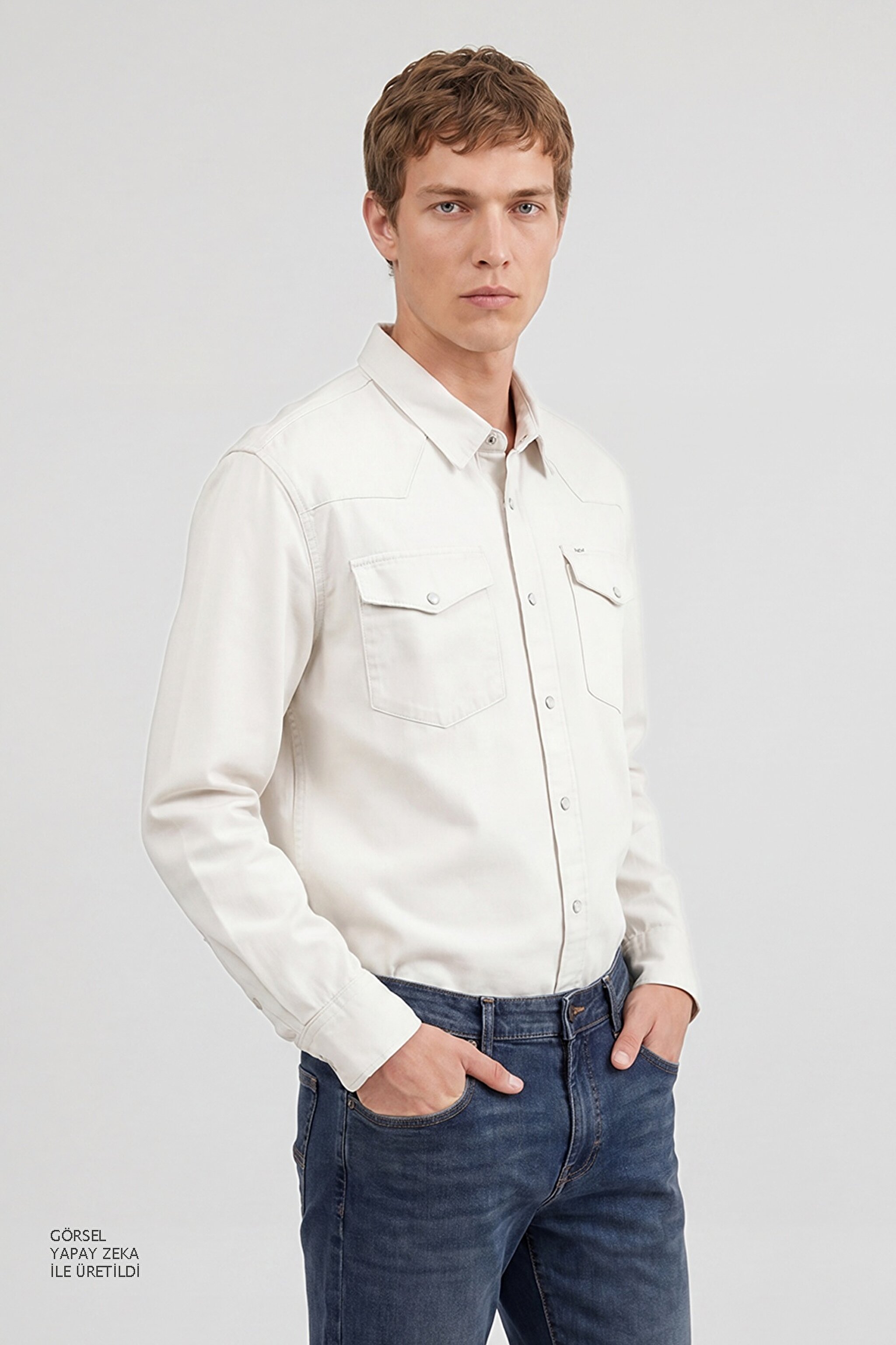 %100 Pamuk Western Regular Fit Normal Kesim Cepli Gömlek - Beige-ML241514614 (görsel 2)