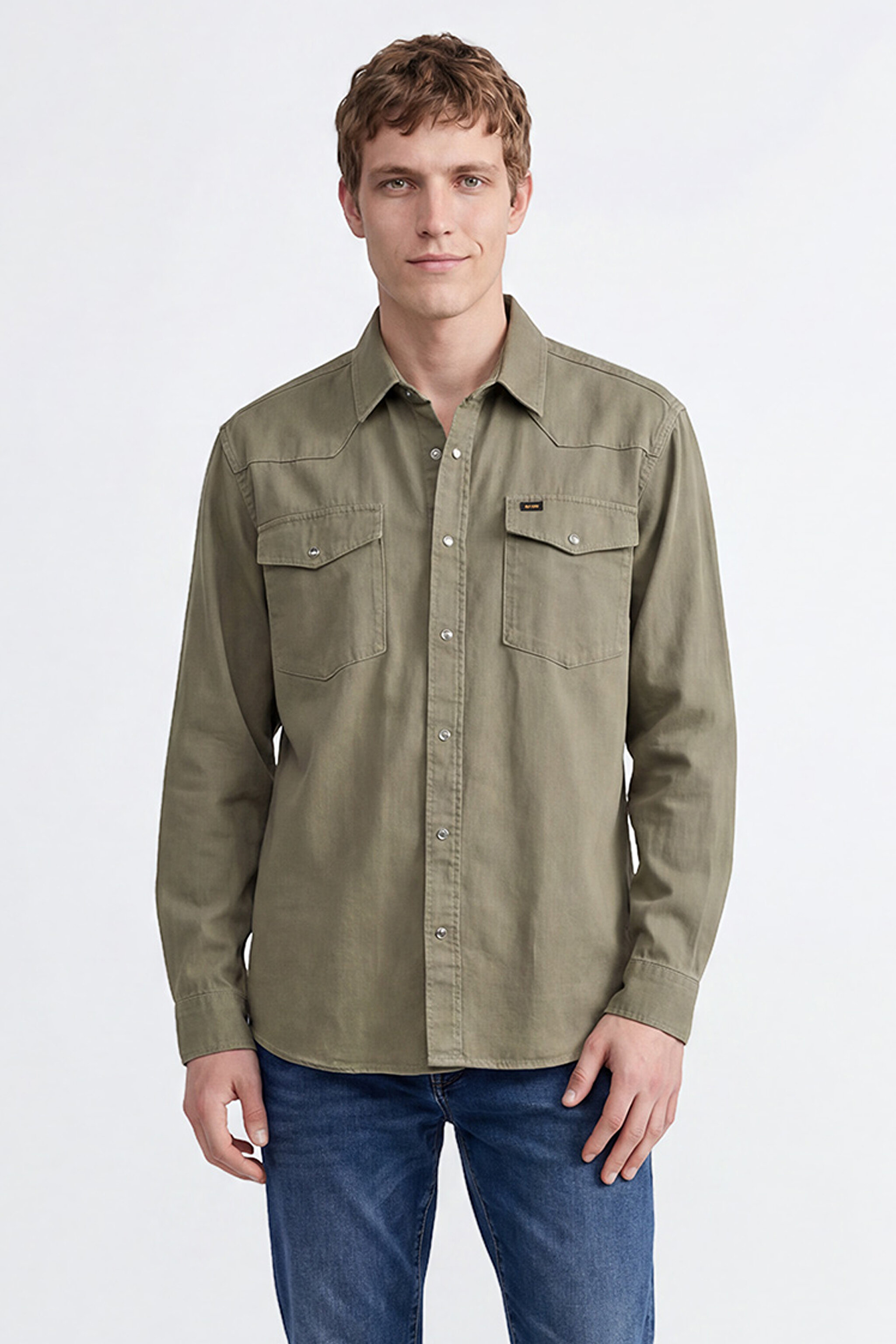 %100 Pamuk Western Regular Fit Normal Kesim Cepli Gömlek - Khaki-ML24151482