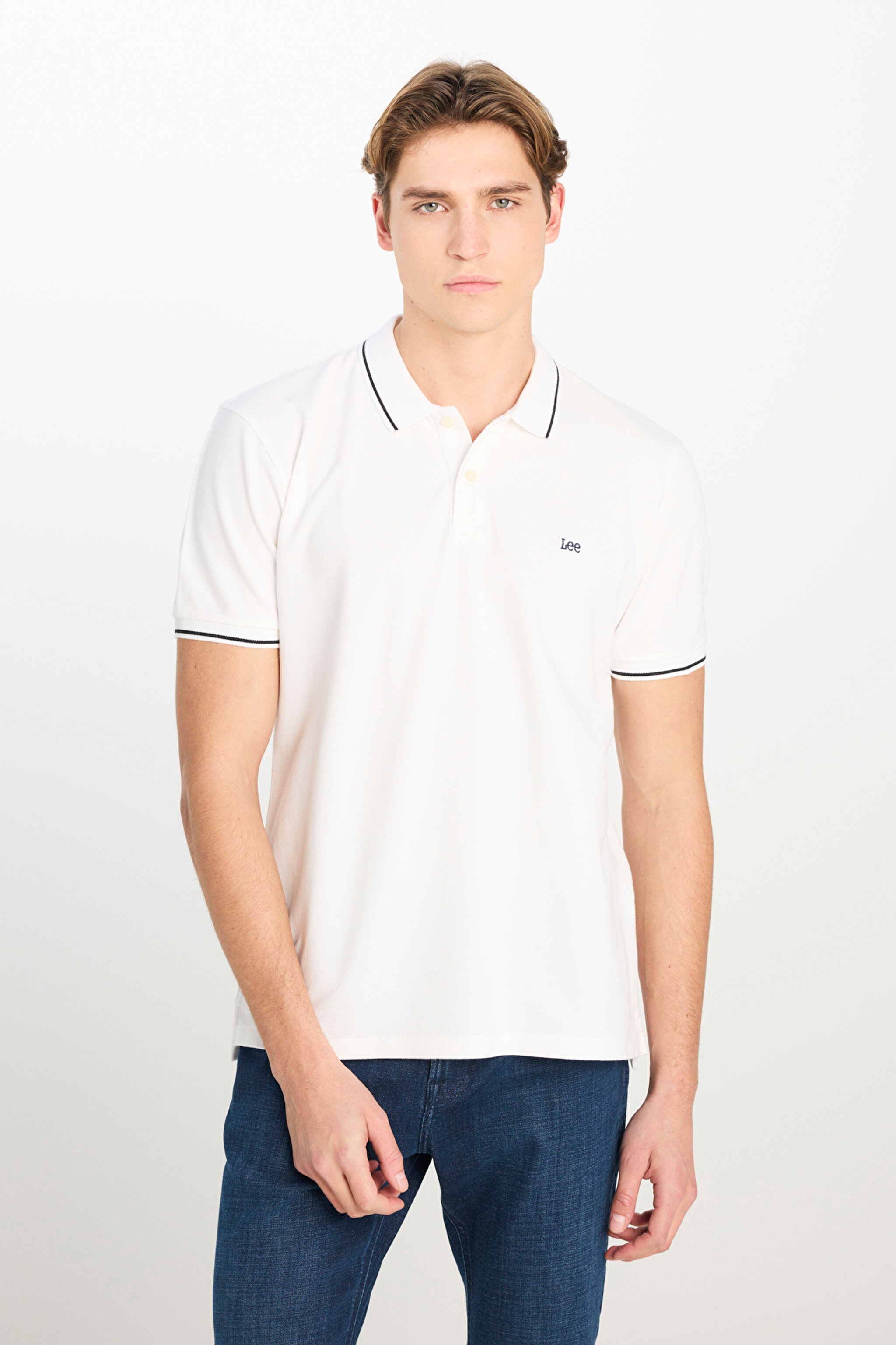 %100 Pamuk Regular Fit Normal Kesim Beyaz Polo Yaka Tişört - Bright White-ML61ARLLJ (görsel 2)