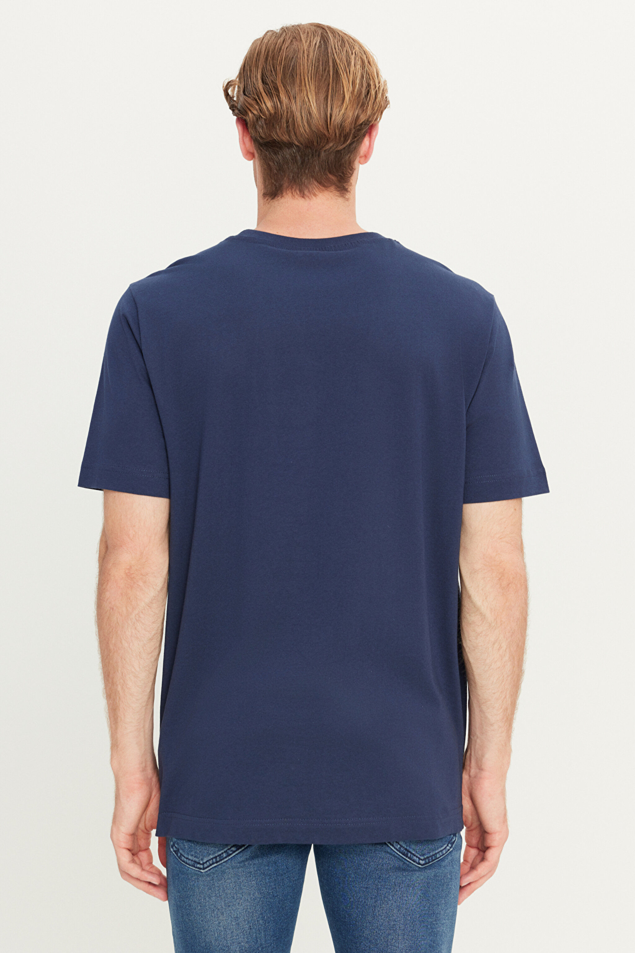%100 Pamuk Regular Fit Normal Kesim Bisiklet Yaka Lacivert Tişört - Navy Drop-ML65QAIEE (görsel 5)