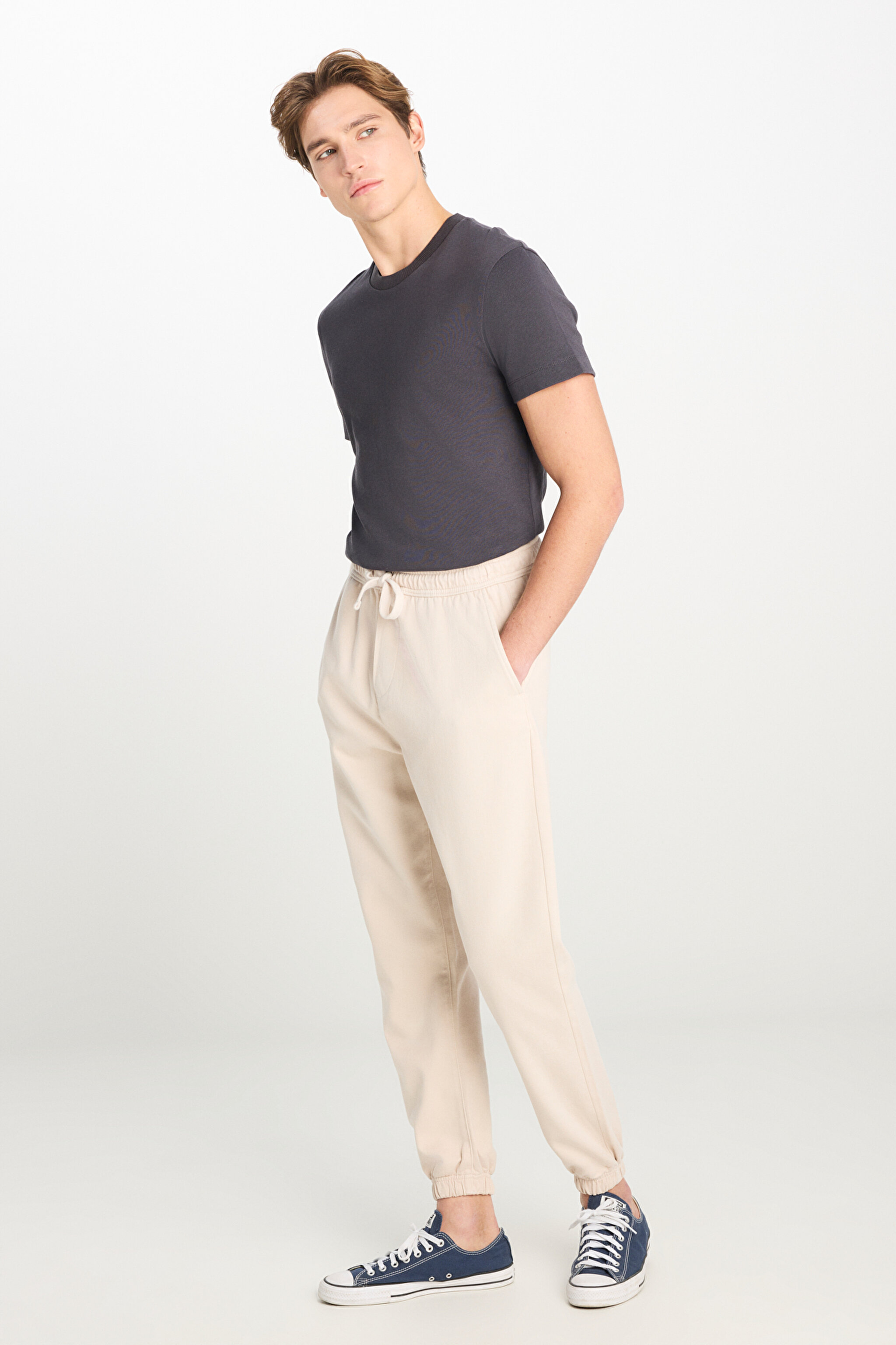 Regular Fit Normal Kesim Ribanalı Paça Taş Rengi Jogger Pantolon - Stone-MLM0400913