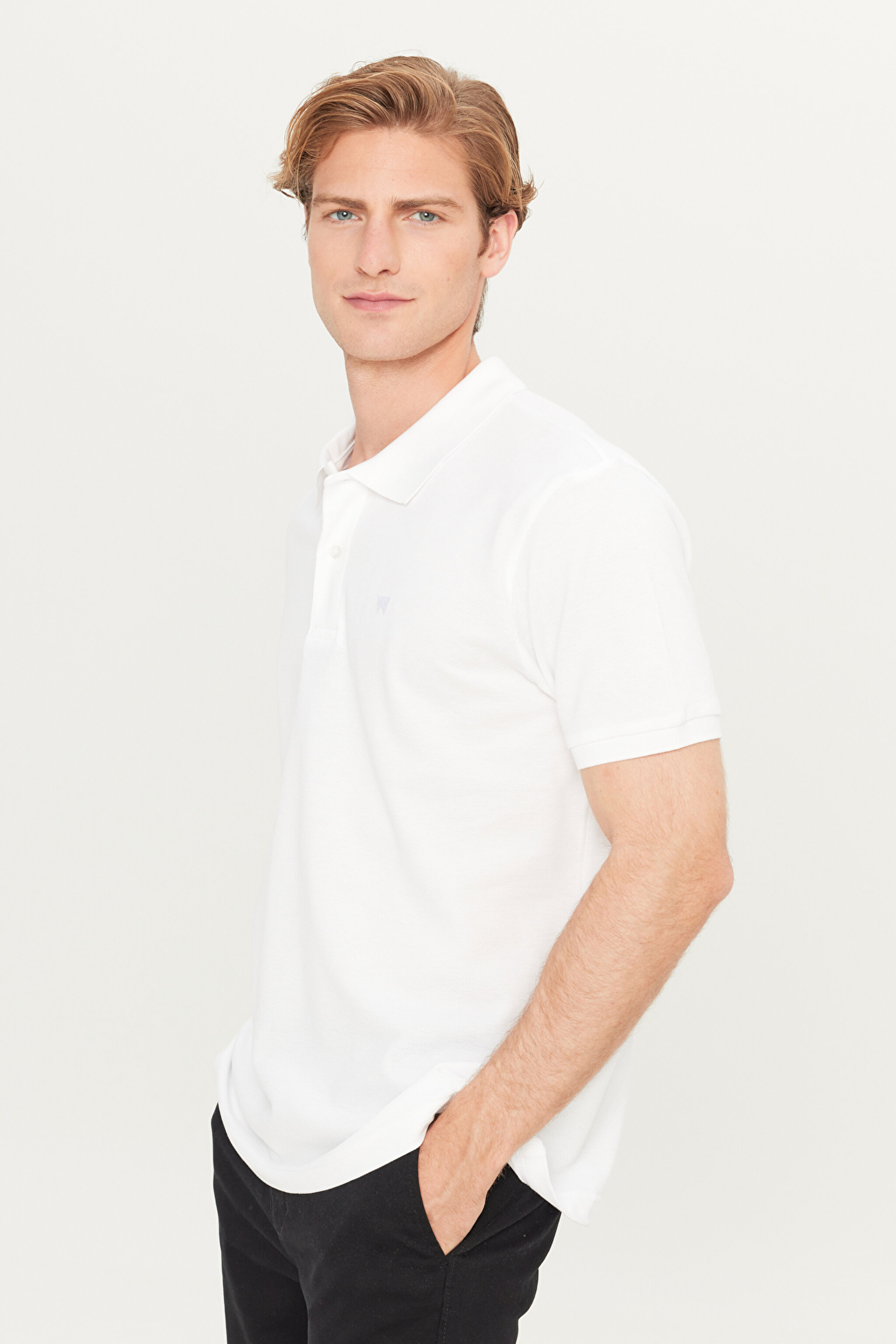 %100 Pamuk Regular Fit Normal Kesim Beyaz Polo Yaka Tişört - White-MW211837100 (görsel 2)