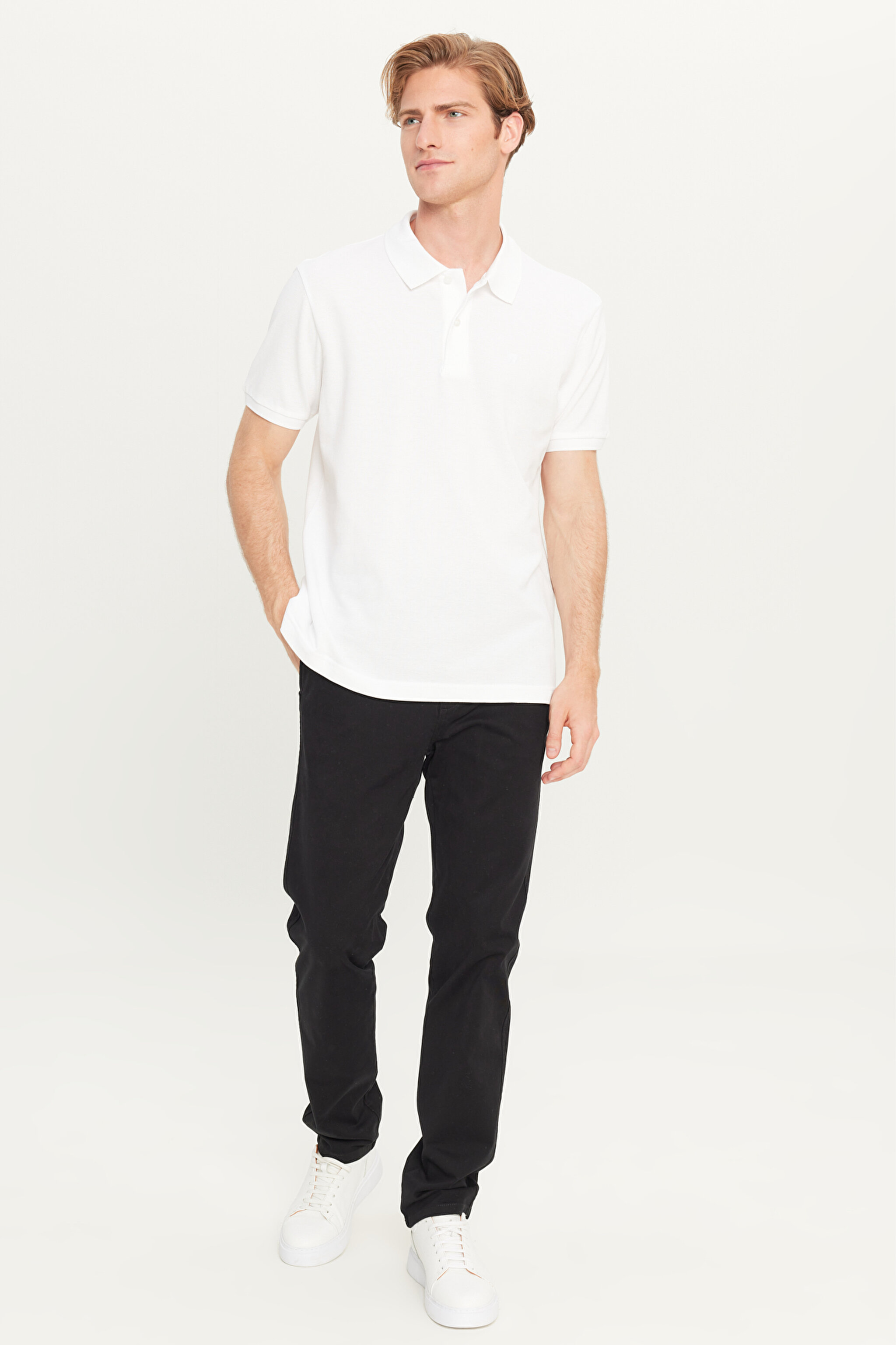 %100 Pamuk Regular Fit Normal Kesim Beyaz Polo Yaka Tişört - White-MW211837100 (görsel 3)