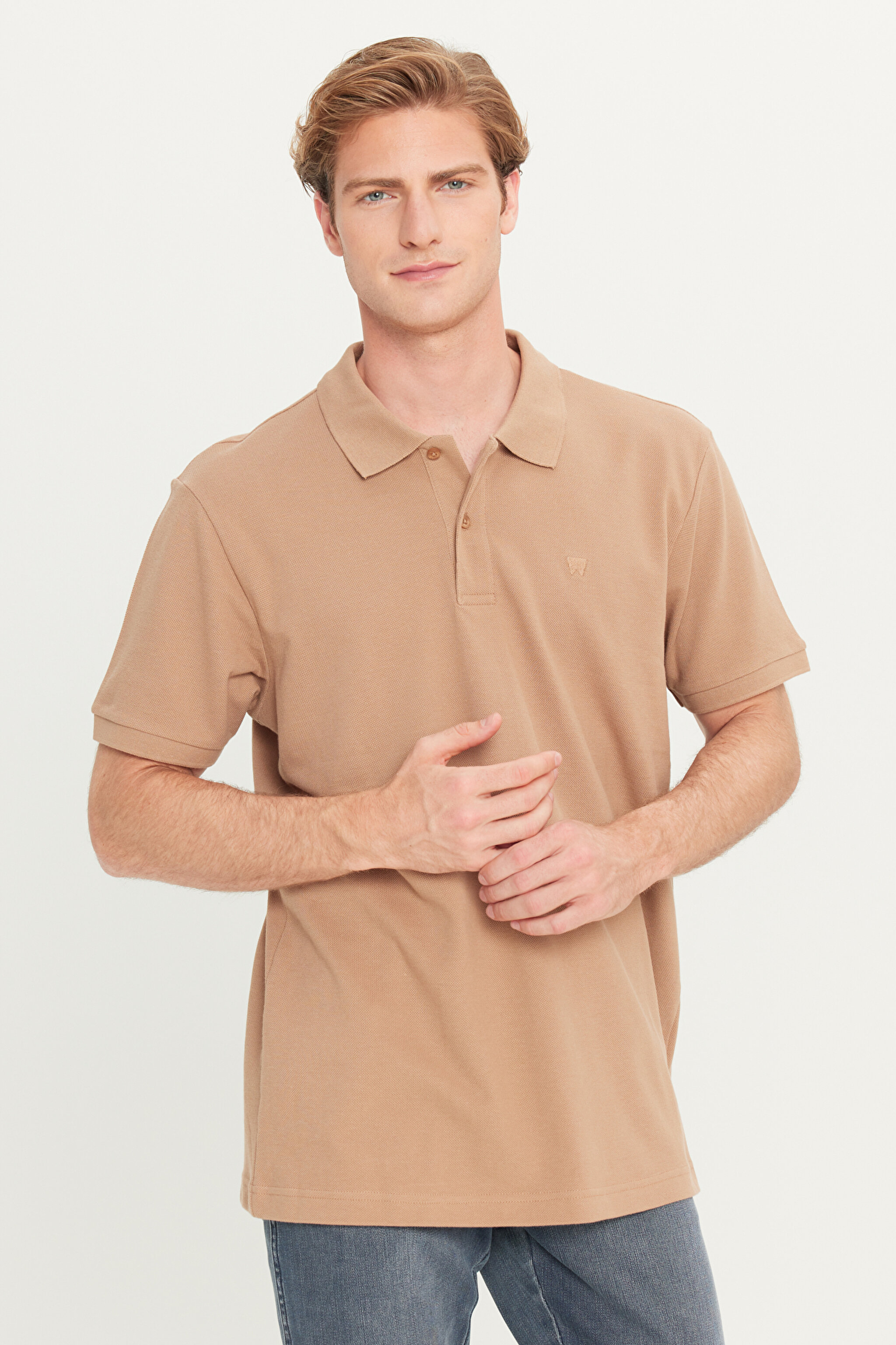 %100 Pamuk Regular Fit Normal Kesim Deve Tüyü Polo Yaka Tişört