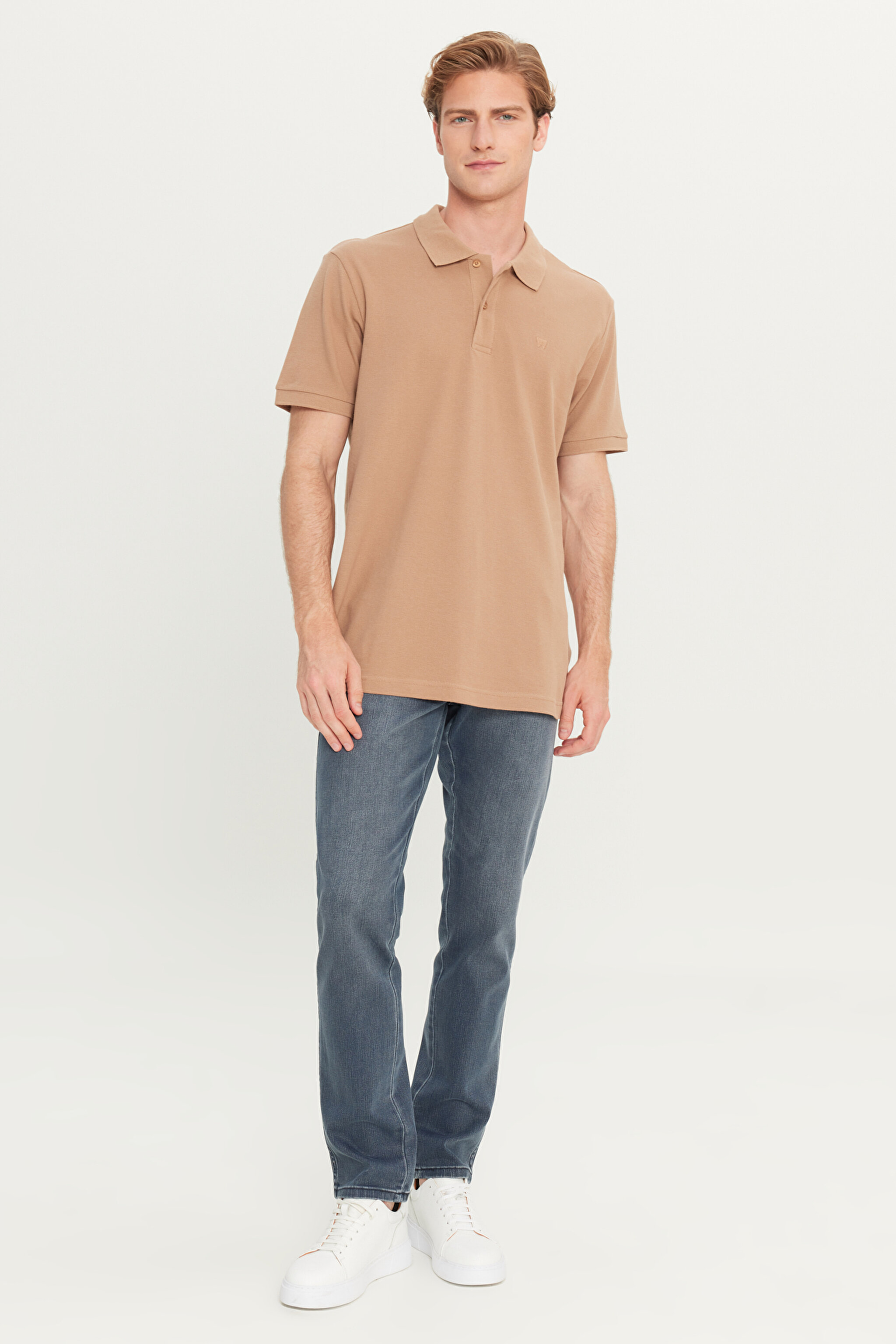 %100 Pamuk Regular Fit Normal Kesim Deve Tüyü Polo Yaka Tişört - Camel-MW211837211 (görsel 3)