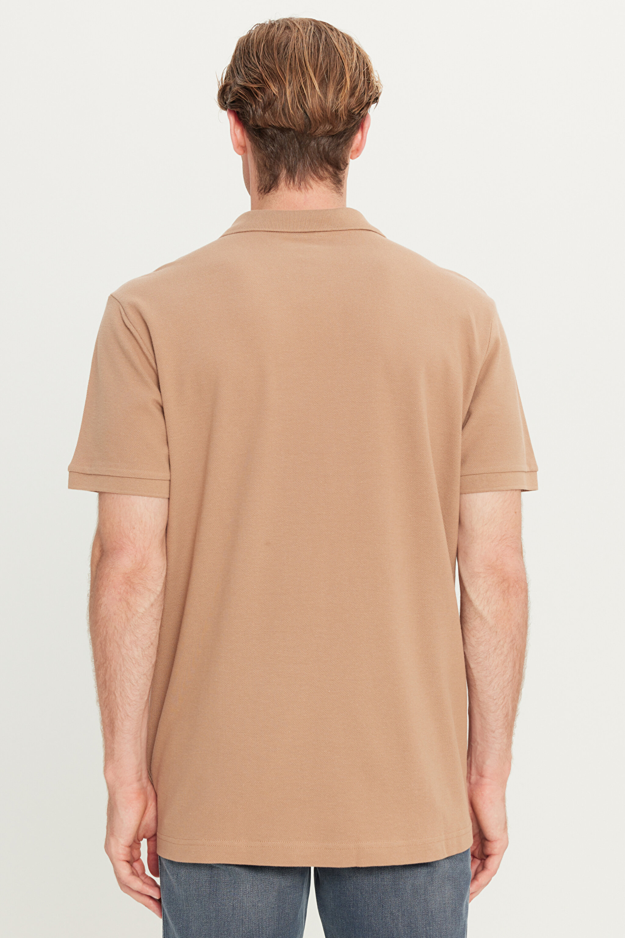 %100 Pamuk Regular Fit Normal Kesim Deve Tüyü Polo Yaka Tişört - Camel-MW211837211 (görsel 5)
