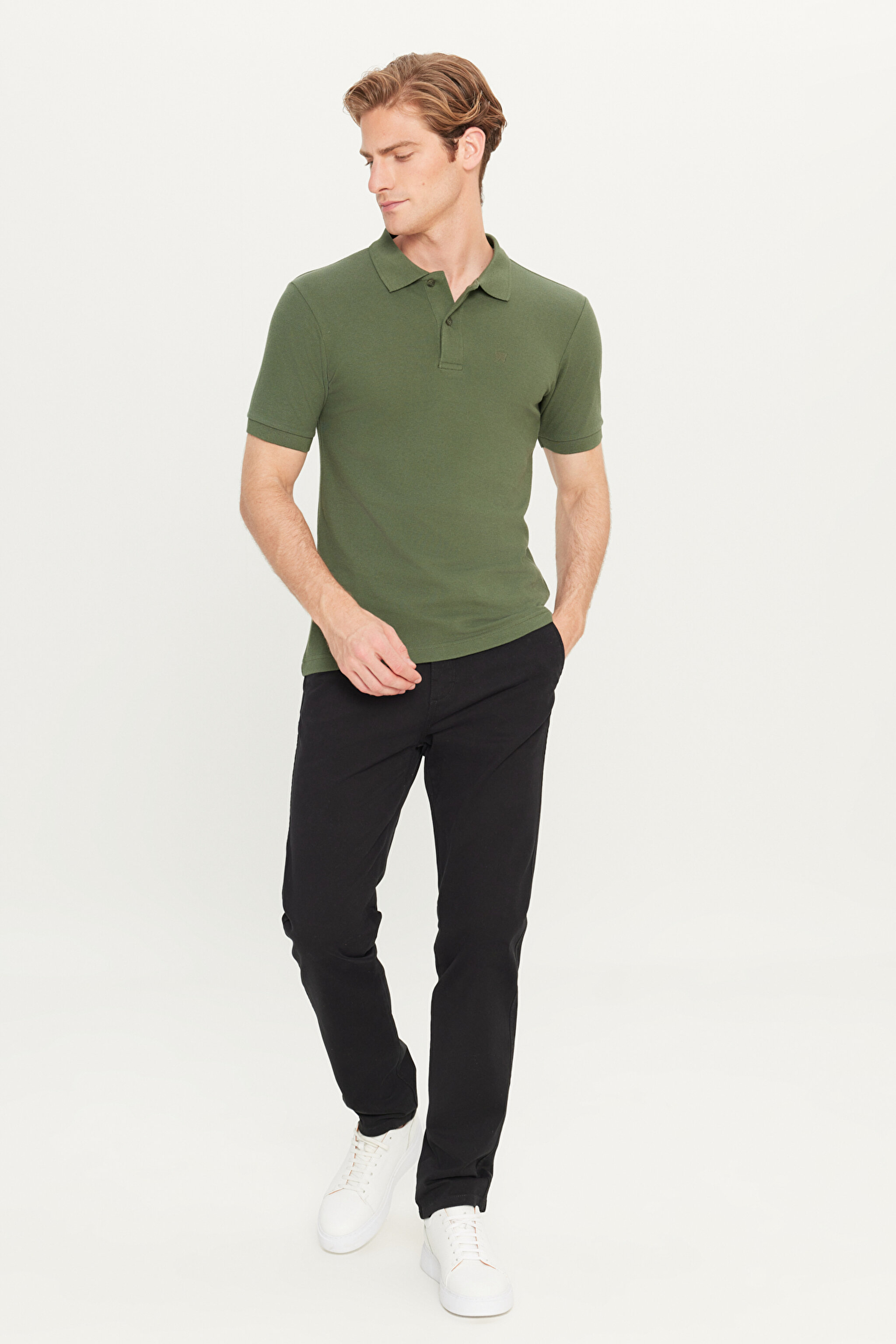 %100 Pamuk Regular Fit Normal Kesim Yeşil Polo Yaka Tişört - Green-MW211837300 (görsel 3)