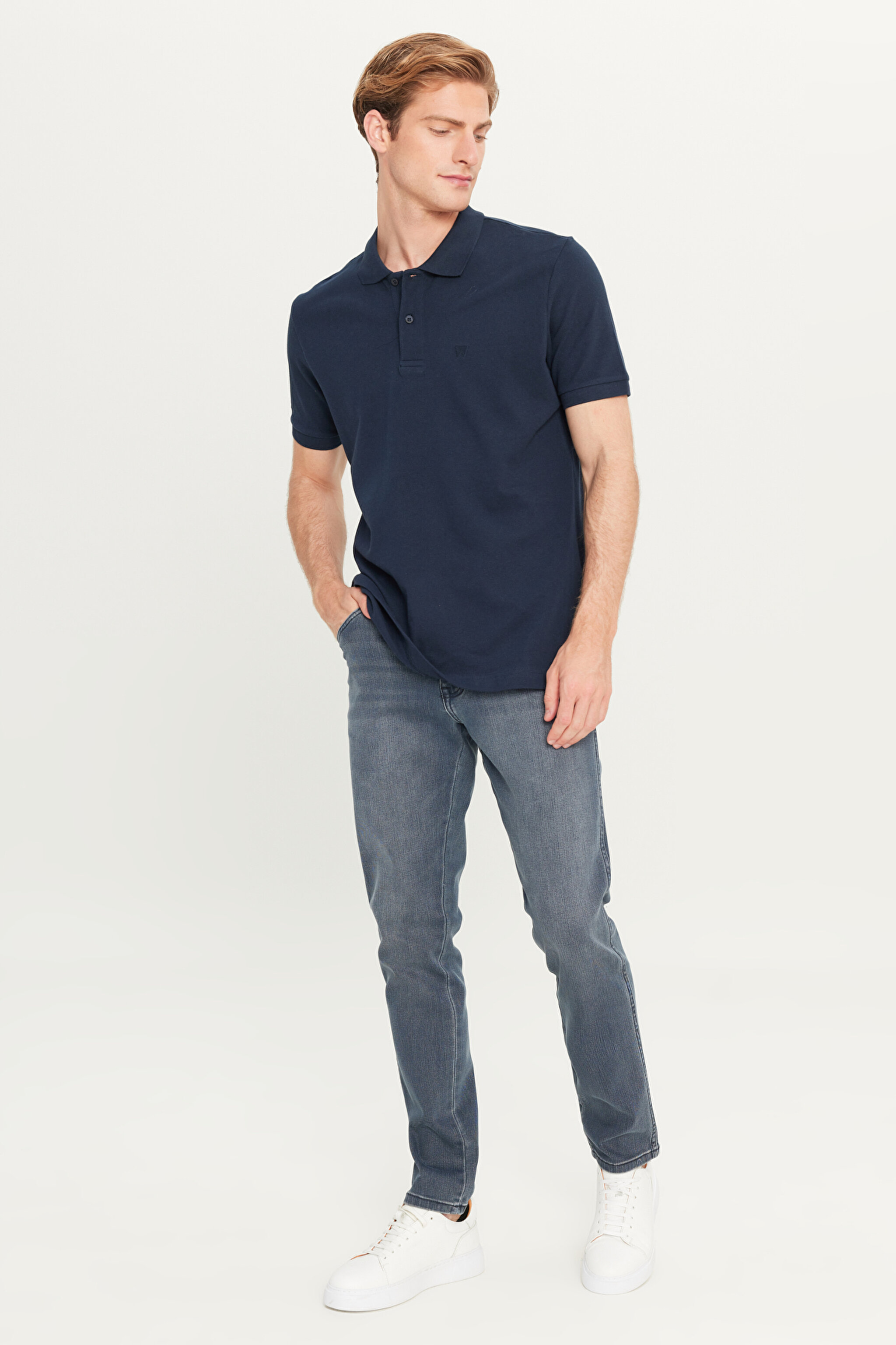 %100 Pamuk Regular Fit Normal Kesim Lacivert Polo Yaka Tişört - Navy-MW211837410 (görsel 3)