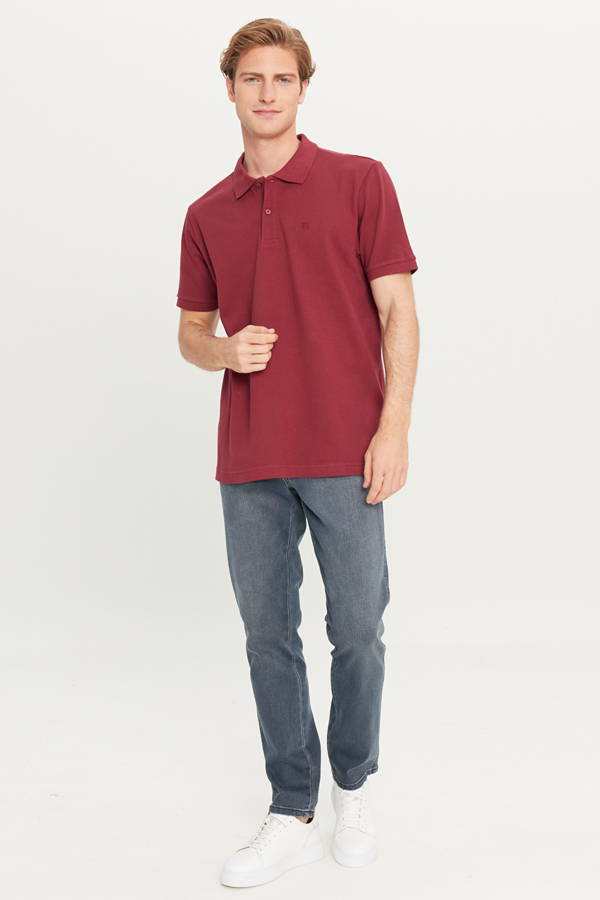 %100 Pamuk Regular Fit Normal Kesim Bordo Polo Yaka Tişört - Bordoeux-MW211837800 (görsel 3)