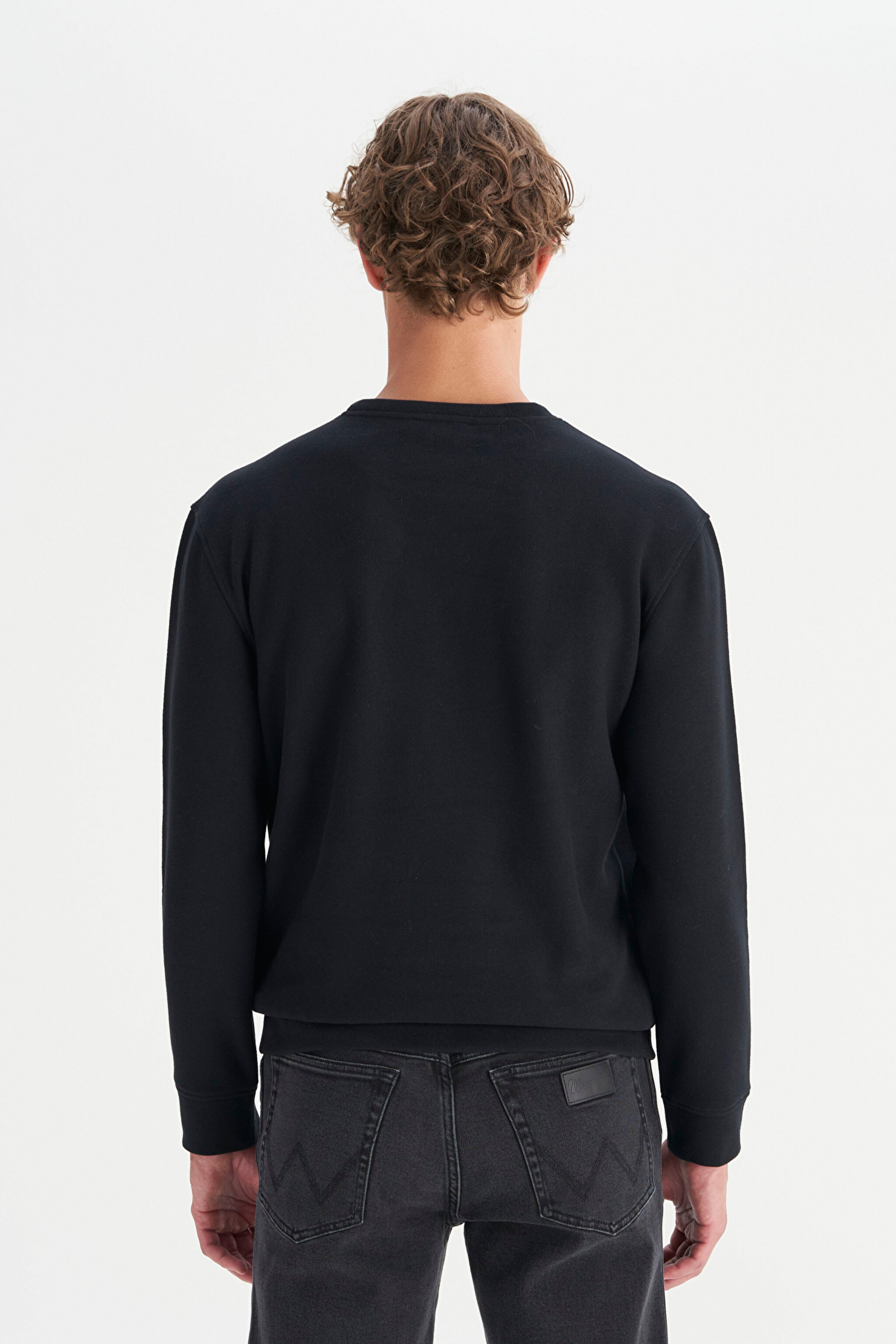 Pamuklu Regular Fit Normal Kesim Bisiklet Yaka Selanik Örgü Sweatshirt - Black-MW242262001 (görsel 5)