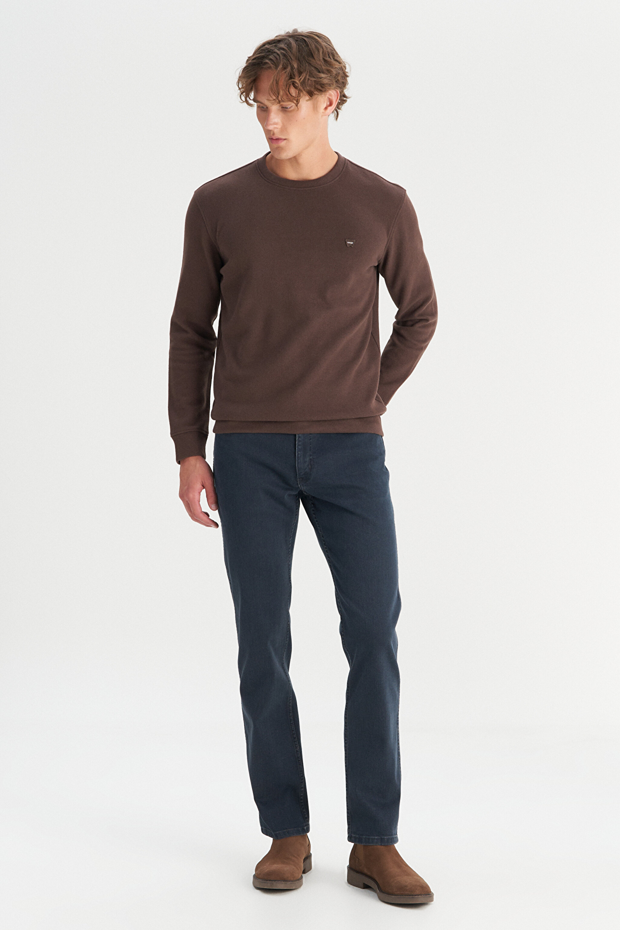Pamuklu Regular Fit Normal Kesim Bisiklet Yaka Selanik Örgü Sweatshirt - Dark Brown-MW242262024 (görsel 2)
