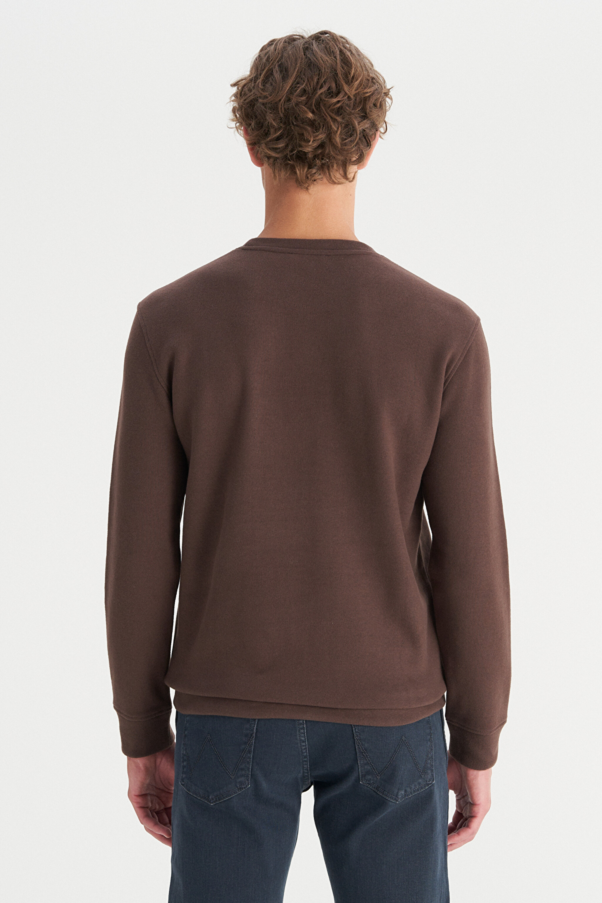 Pamuklu Regular Fit Normal Kesim Bisiklet Yaka Selanik Örgü Sweatshirt - Dark Brown-MW242262024 (görsel 5)