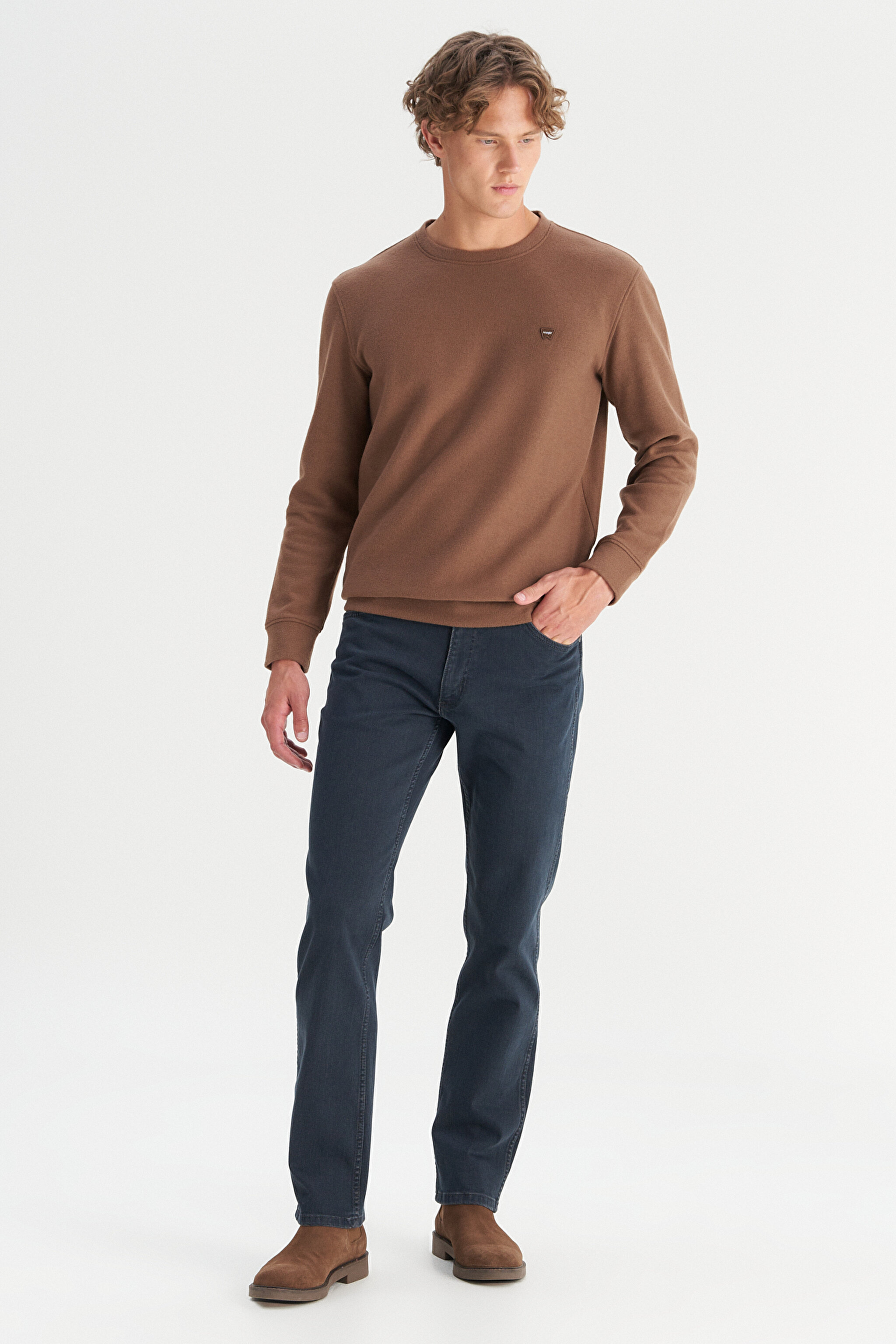 Pamuklu Regular Fit Normal Kesim Bisiklet Yaka Selanik Örgü Sweatshirt - Brown-MW242262220 (görsel 2)