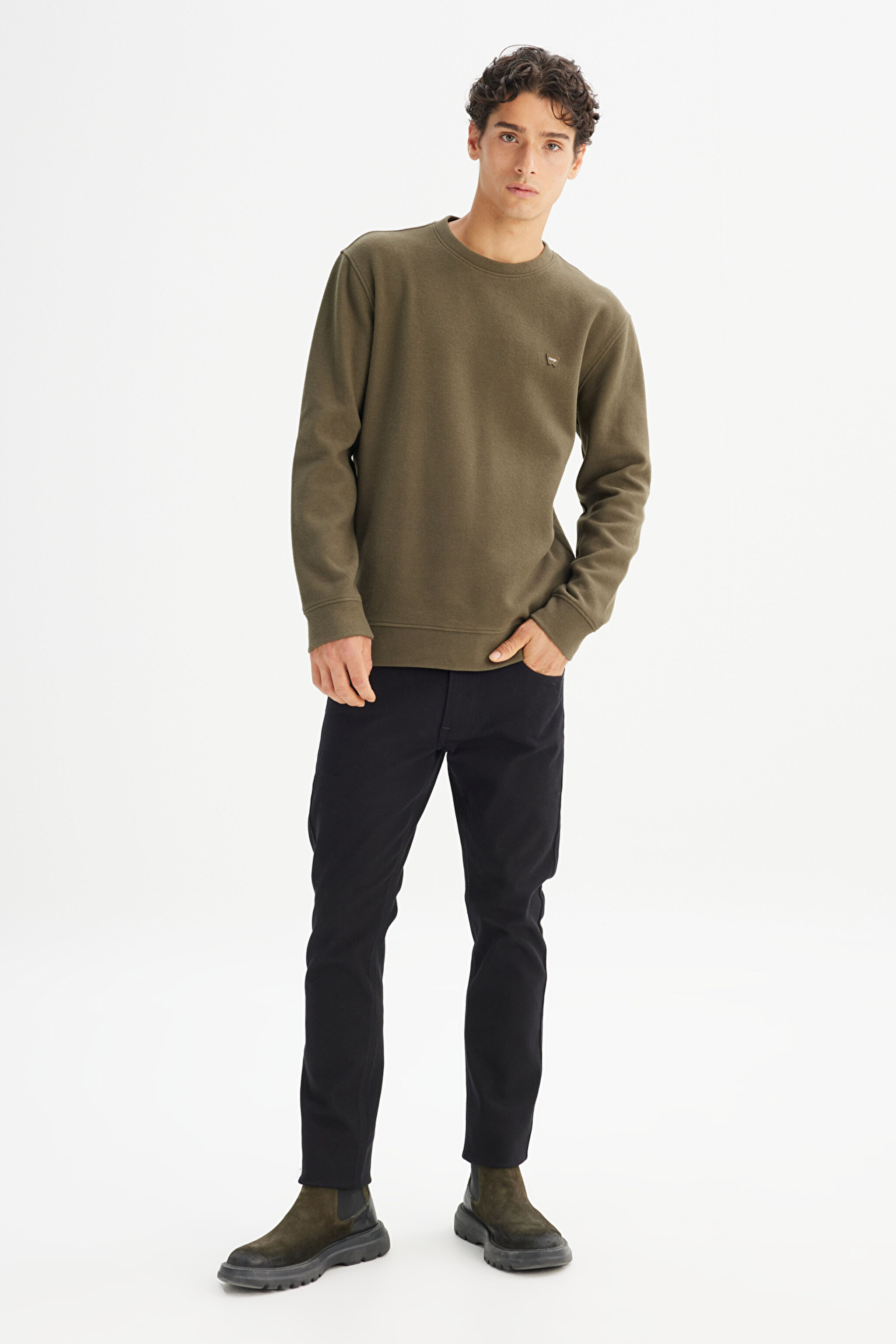 Pamuklu Regular Fit Normal Kesim Bisiklet Yaka Selanik Örgü Sweatshirt - Khaki-MW242262801 (görsel 2)