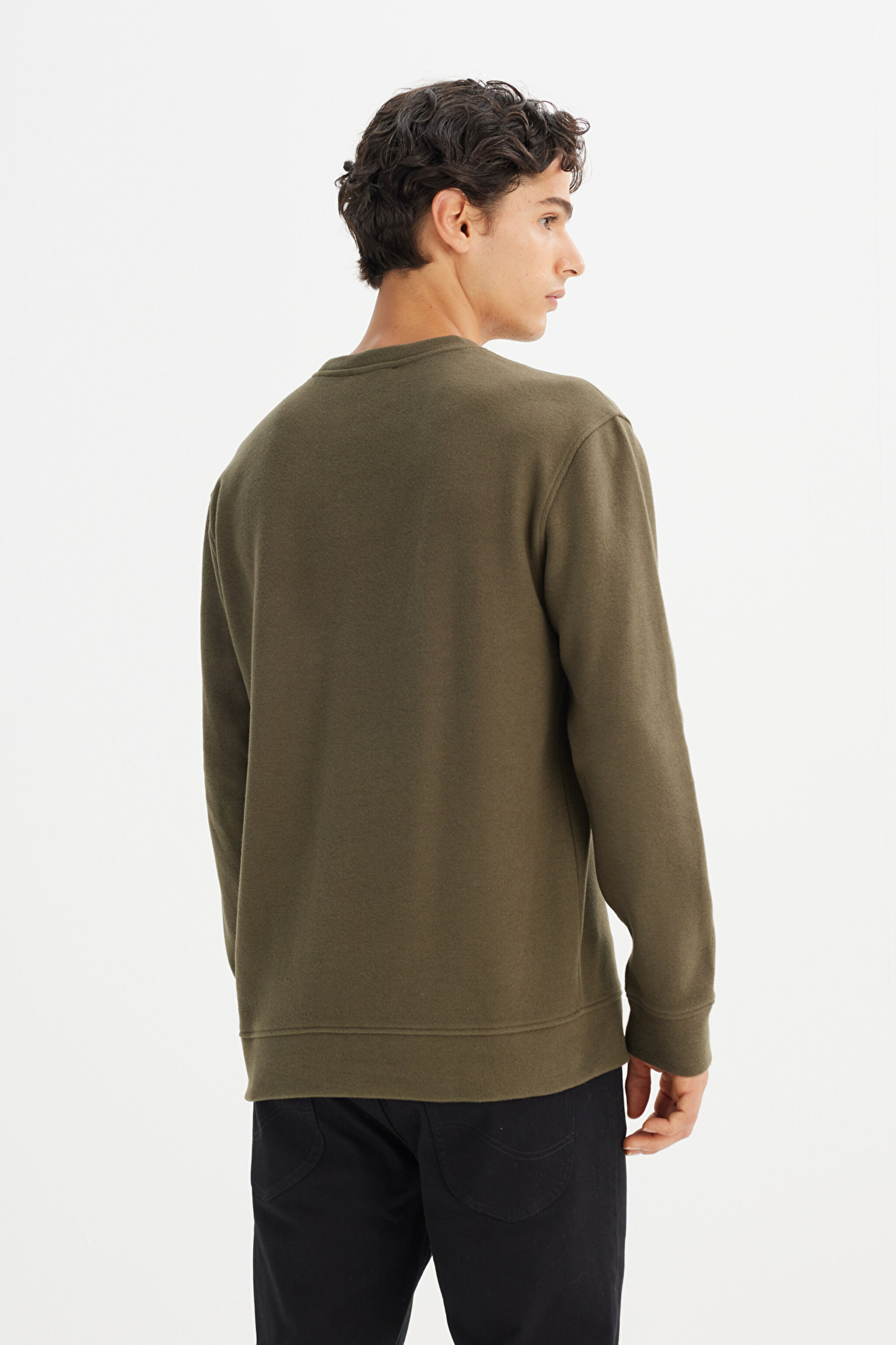 Pamuklu Regular Fit Normal Kesim Bisiklet Yaka Selanik Örgü Sweatshirt - Khaki-MW242262801 (görsel 5)