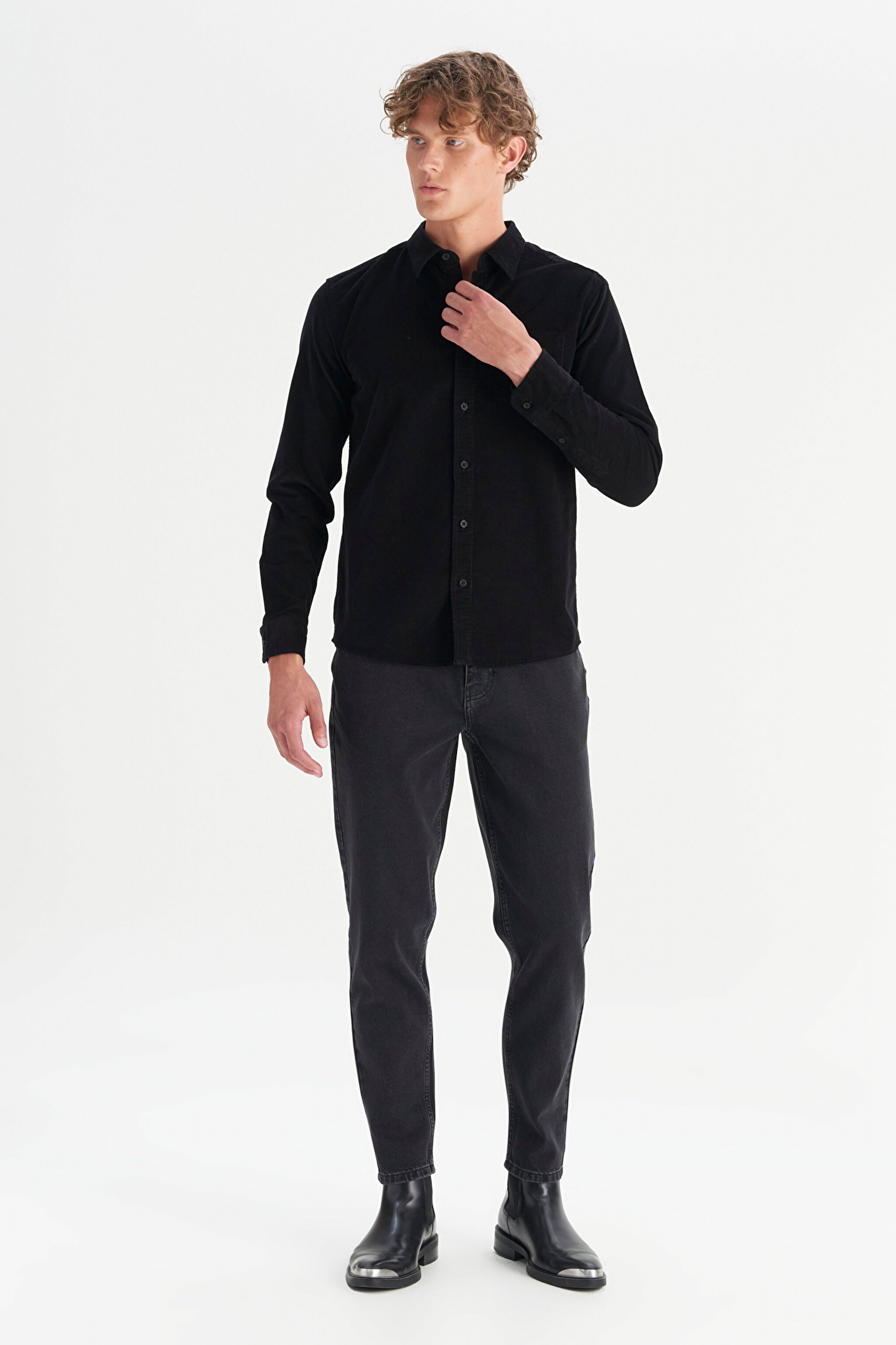 %100 Pamuk Regular Fit Normal Kesim Klasik Yaka Cepli Kadife Gömlek - Black-MW5A14A100 (görsel 2)