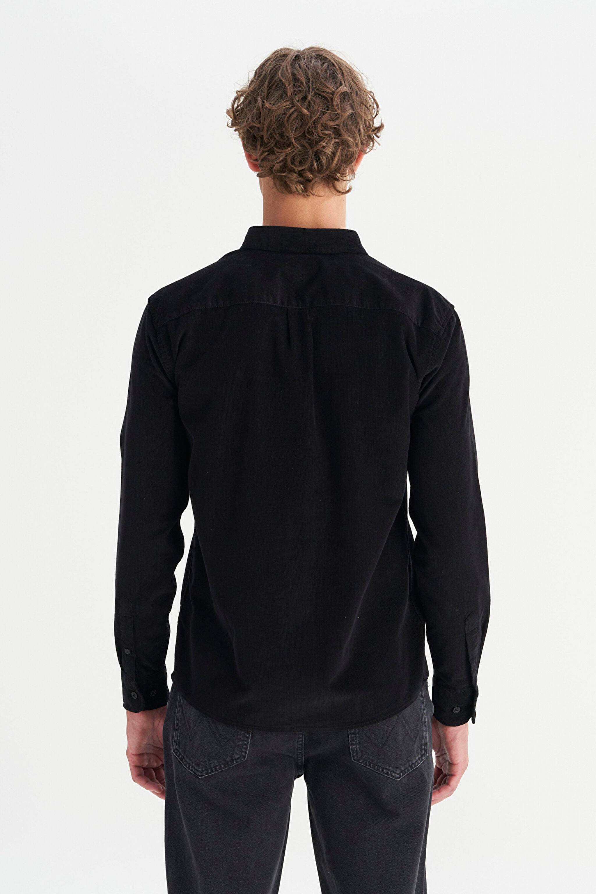 %100 Pamuk Regular Fit Normal Kesim Klasik Yaka Cepli Kadife Gömlek - Black-MW5A14A100 (görsel 5)