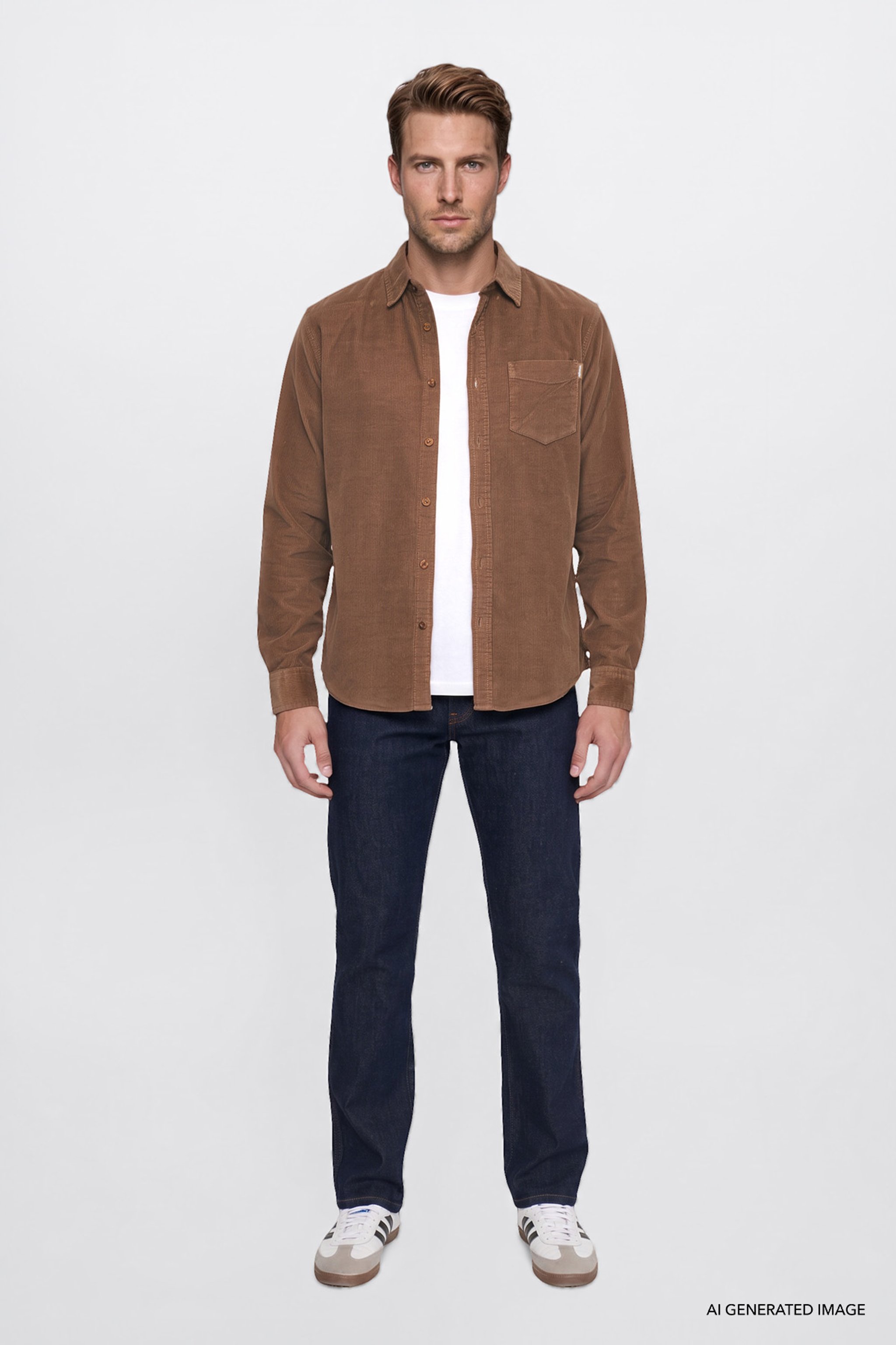 %100 Pamuk Regular Fit Normal Kesim Klasik Yaka Cepli Kadife Gömlek - Camel-MW5A14A211 (görsel 2)