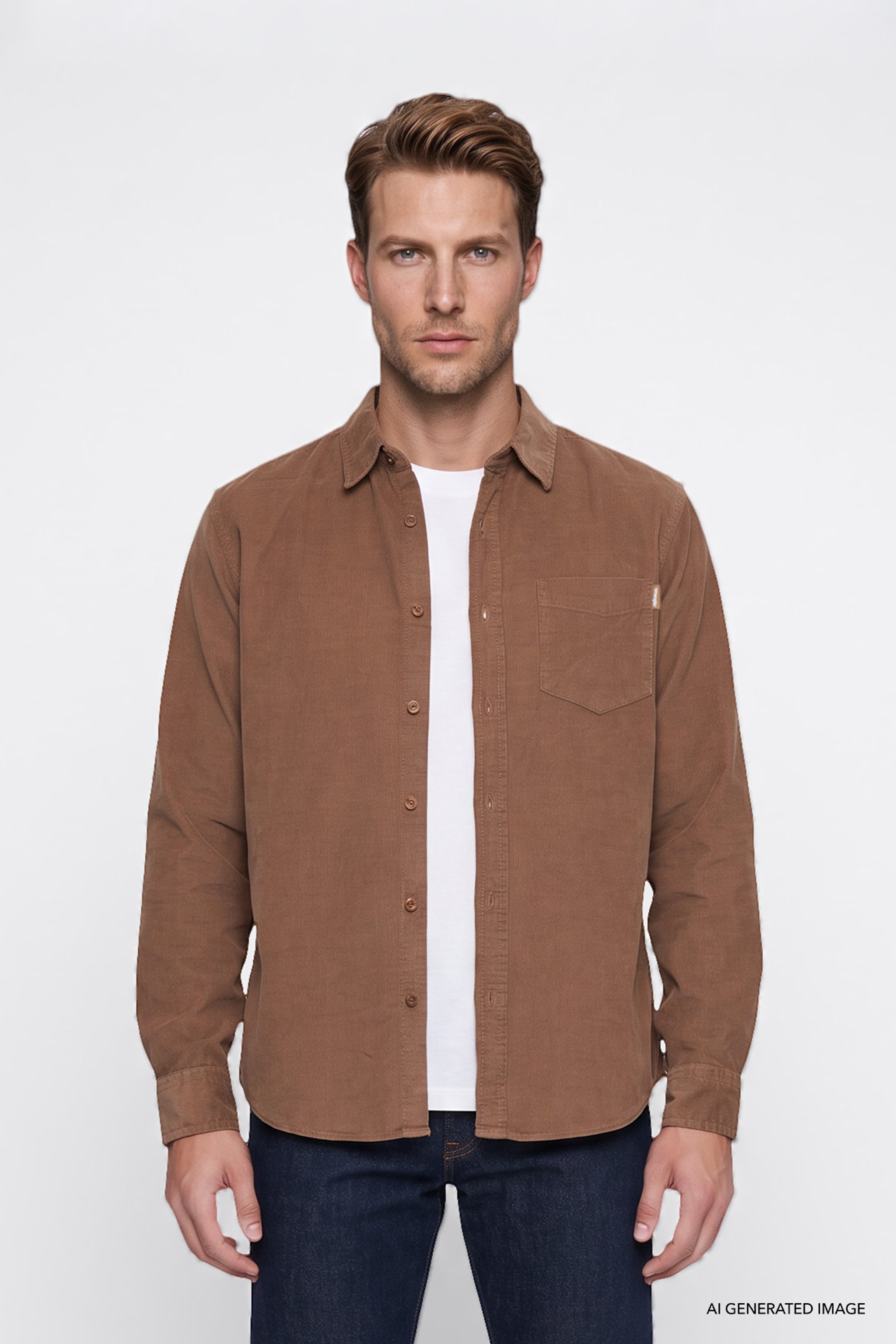 %100 Pamuk Regular Fit Normal Kesim Klasik Yaka Cepli Kadife Gömlek - Camel-MW5A14A211 (görsel 3)