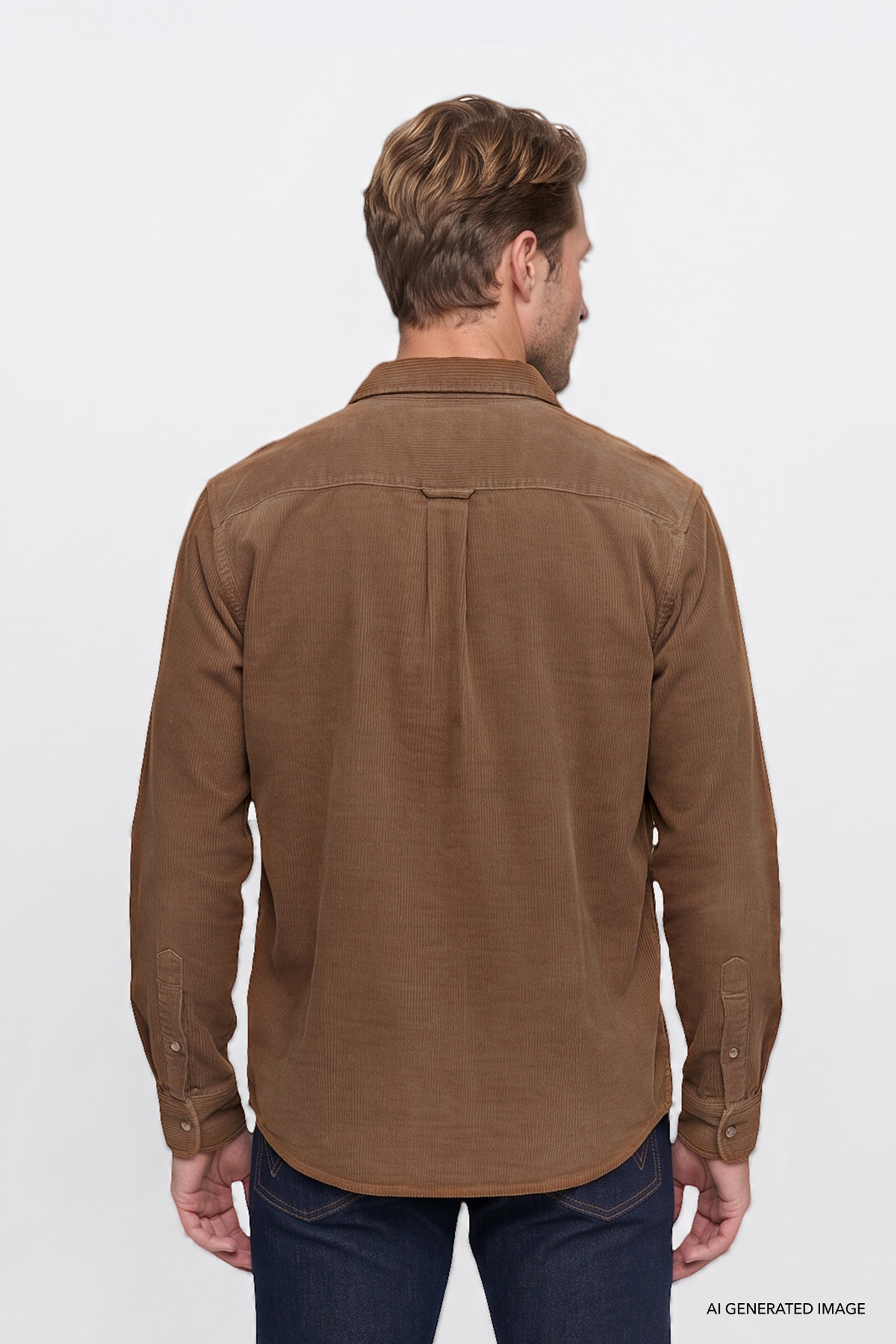 %100 Pamuk Regular Fit Normal Kesim Klasik Yaka Cepli Kadife Gömlek - Camel-MW5A14A211 (görsel 4)