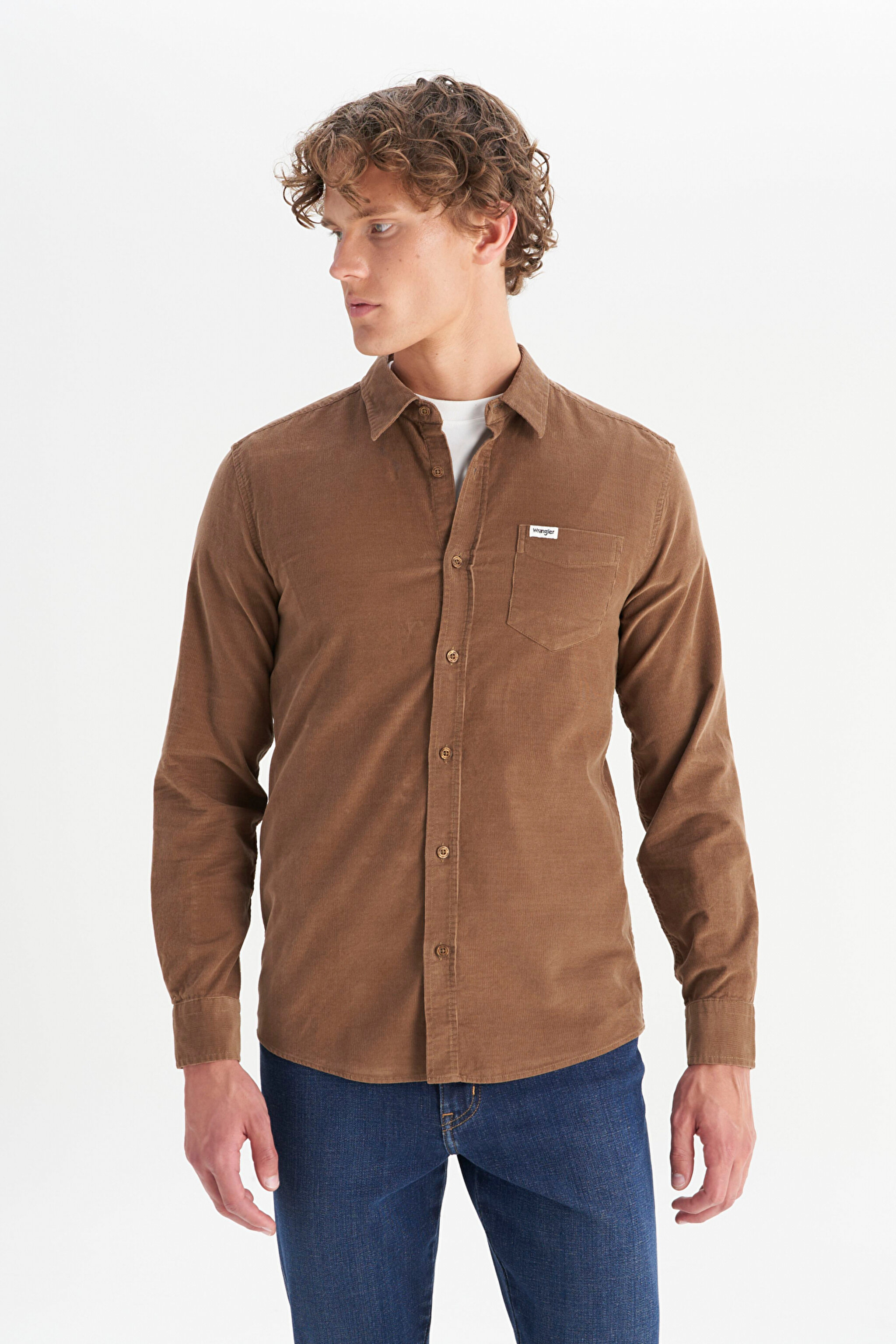 %100 Pamuk Regular Fit Normal Kesim Klasik Yaka Cepli Kadife Gömlek - Camel-MW5A14A211 (görsel 3)