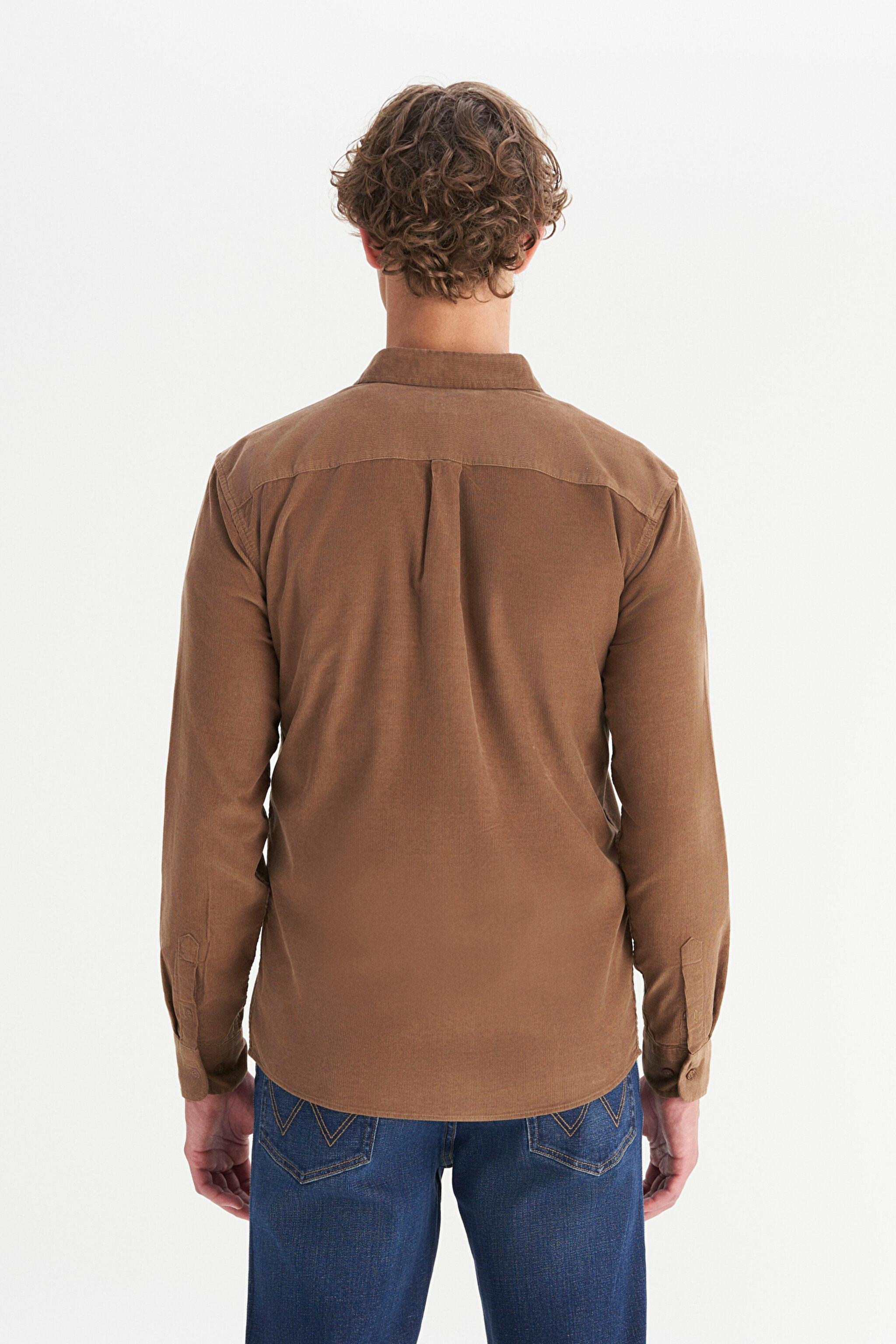 %100 Pamuk Regular Fit Normal Kesim Klasik Yaka Cepli Kadife Gömlek - Camel-MW5A14A211 (görsel 5)