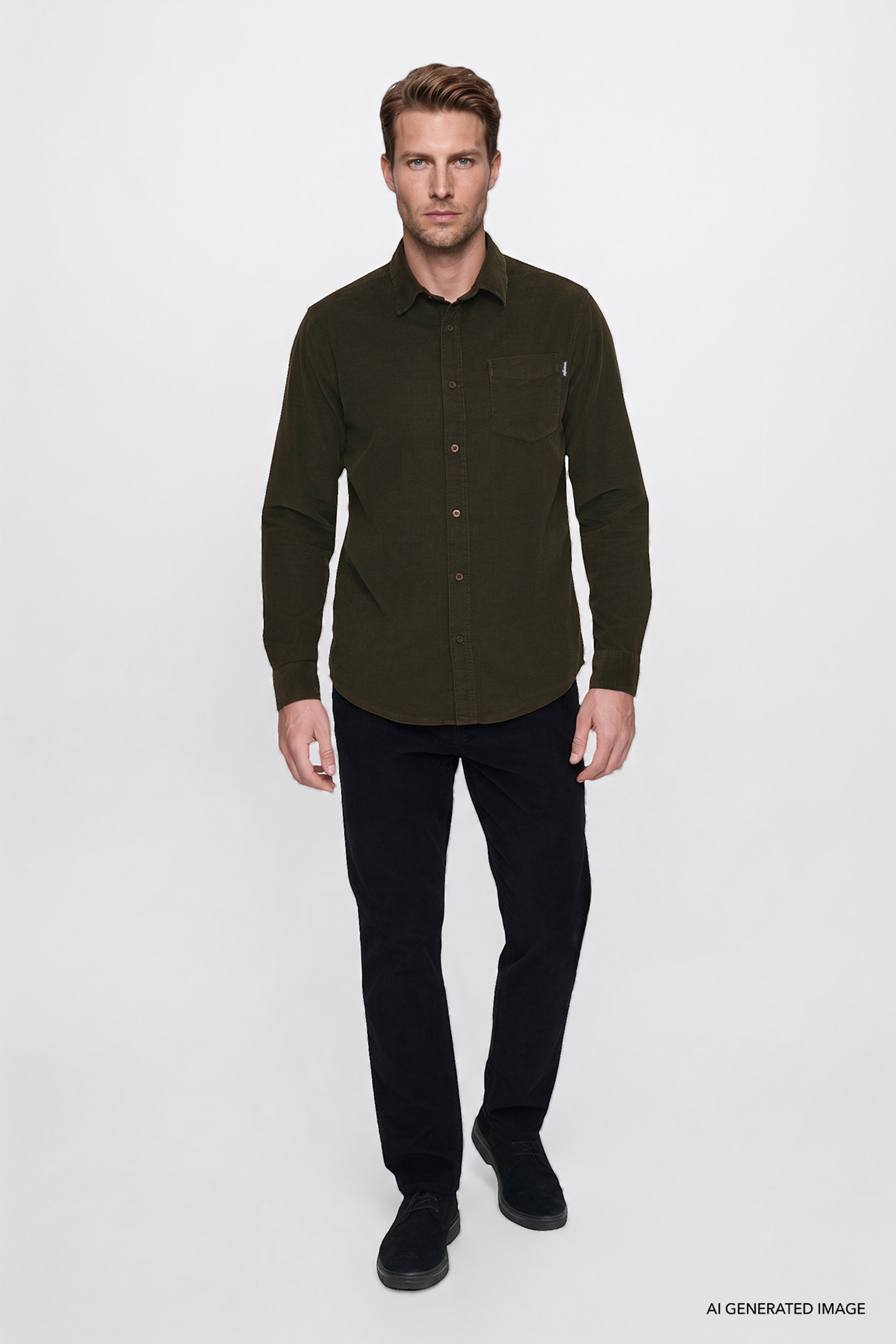 %100 Pamuk Regular Fit Normal Kesim Klasik Yaka Cepli Kadife Gömlek - Ivy Green-MW5A14AXIX (görsel 2)