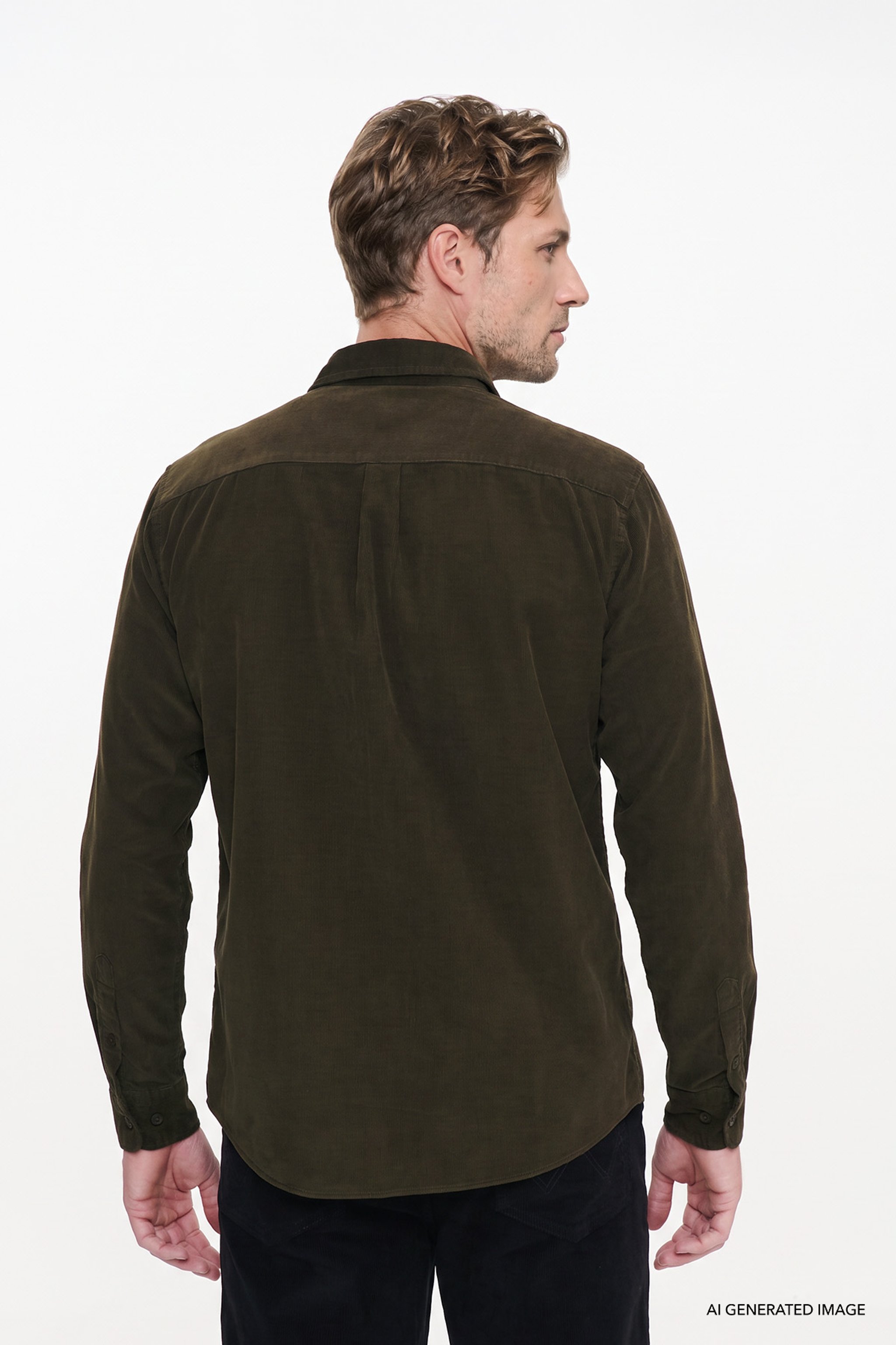 %100 Pamuk Regular Fit Normal Kesim Klasik Yaka Cepli Kadife Gömlek - Ivy Green-MW5A14AXIX (görsel 4)