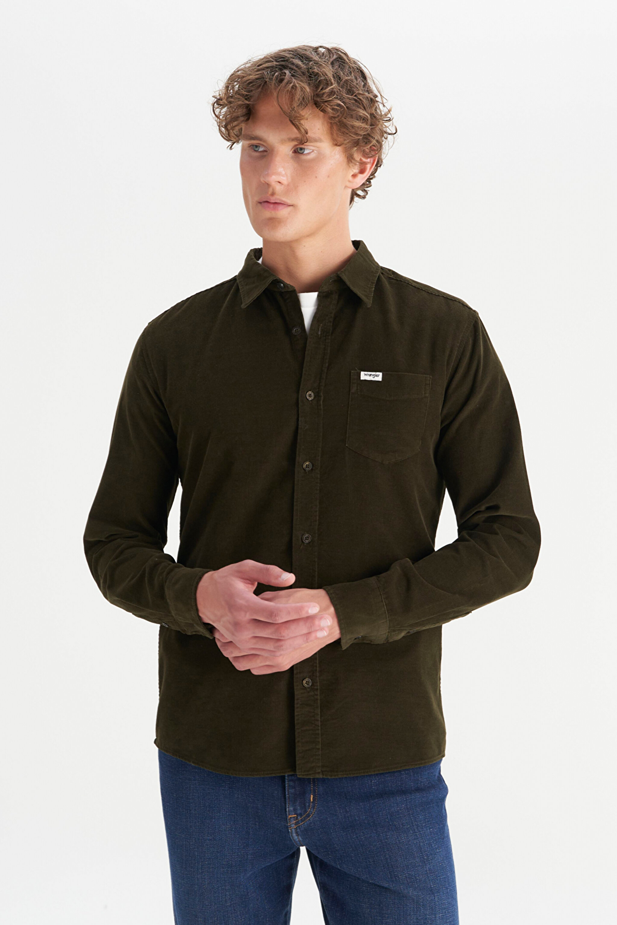 %100 Pamuk Regular Fit Normal Kesim Klasik Yaka Cepli Kadife Gömlek - Ivy Green-MW5A14AXIX (görsel 3)