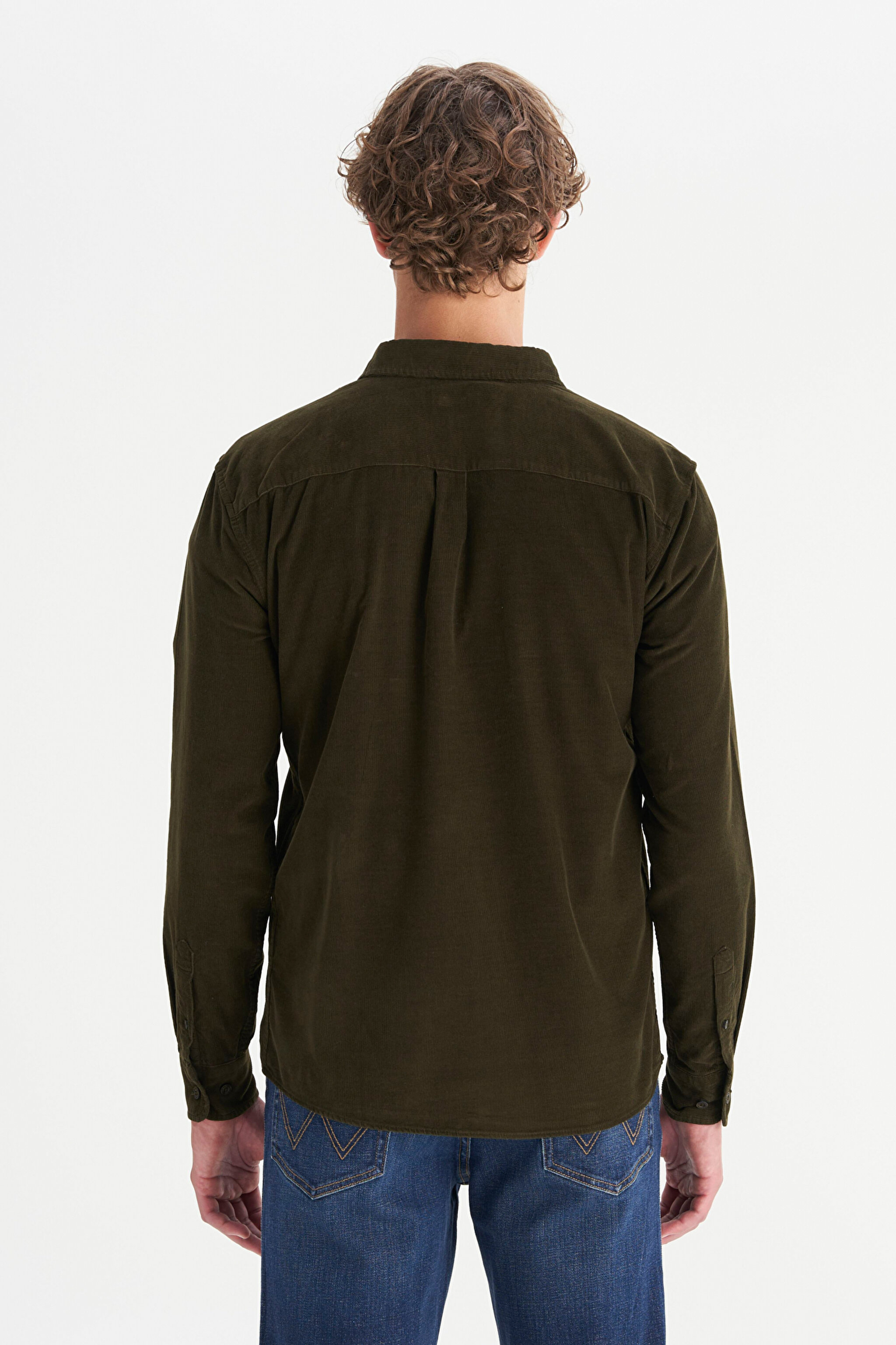 %100 Pamuk Regular Fit Normal Kesim Klasik Yaka Cepli Kadife Gömlek - Ivy Green-MW5A14AXIX (görsel 5)