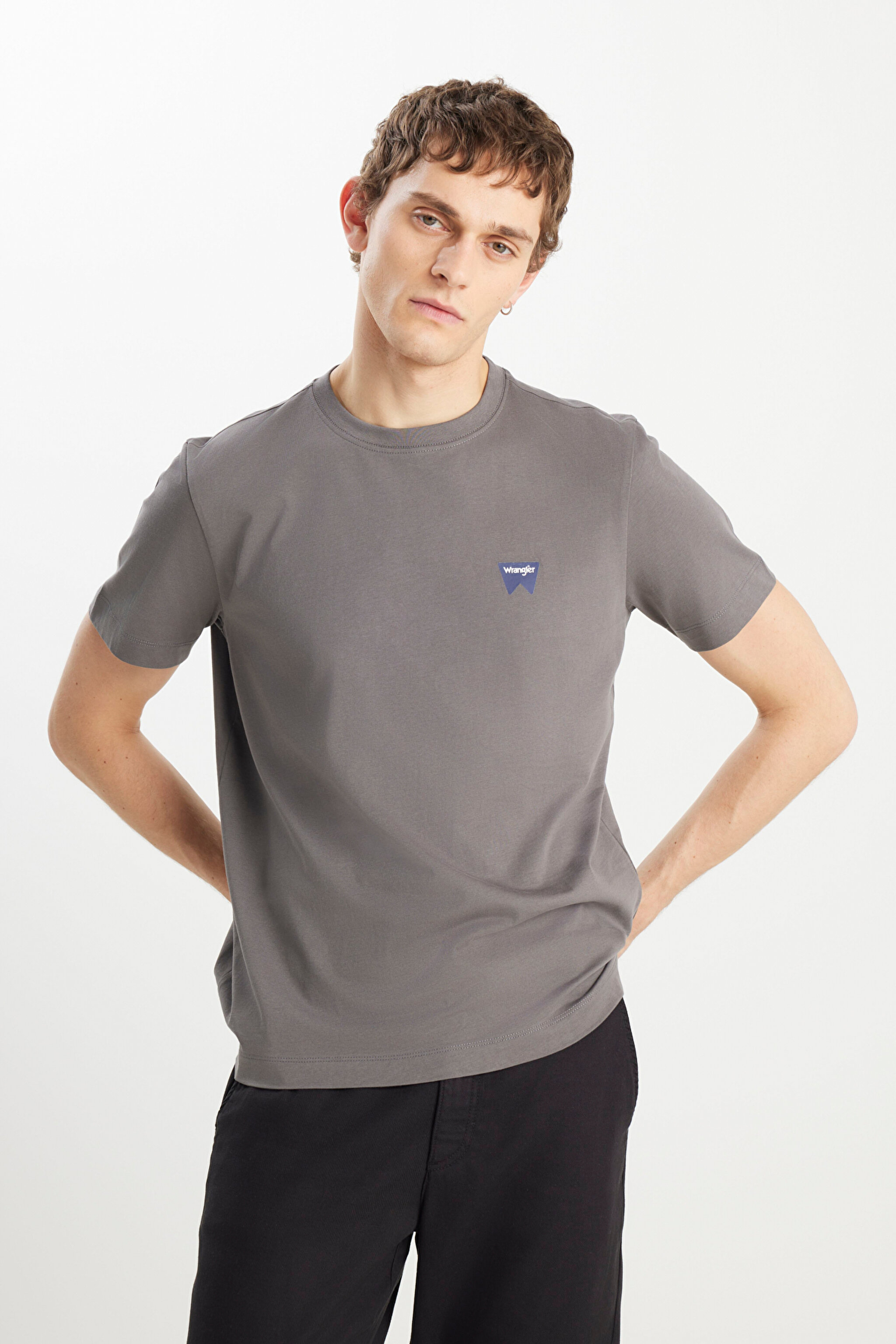%100 Pamuk Regular Fit Normal Kesim Minimal Logo Antrasit Tişört