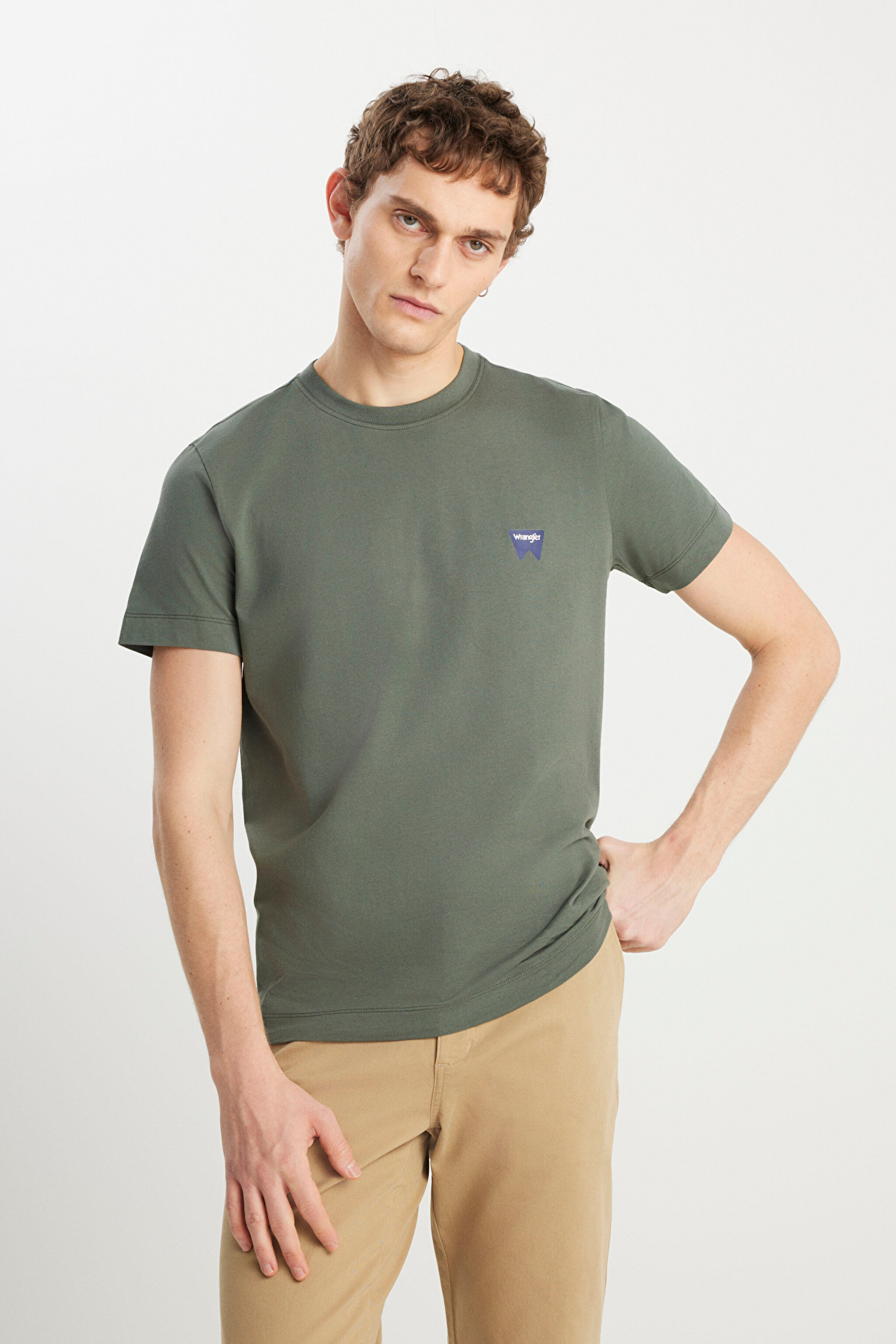 %100 Pamuk Regular Fit Normal Kesim Bisiklet Yaka Minimal Logo Zeytin Yeşili Tişört - Olive-MW70MD3308