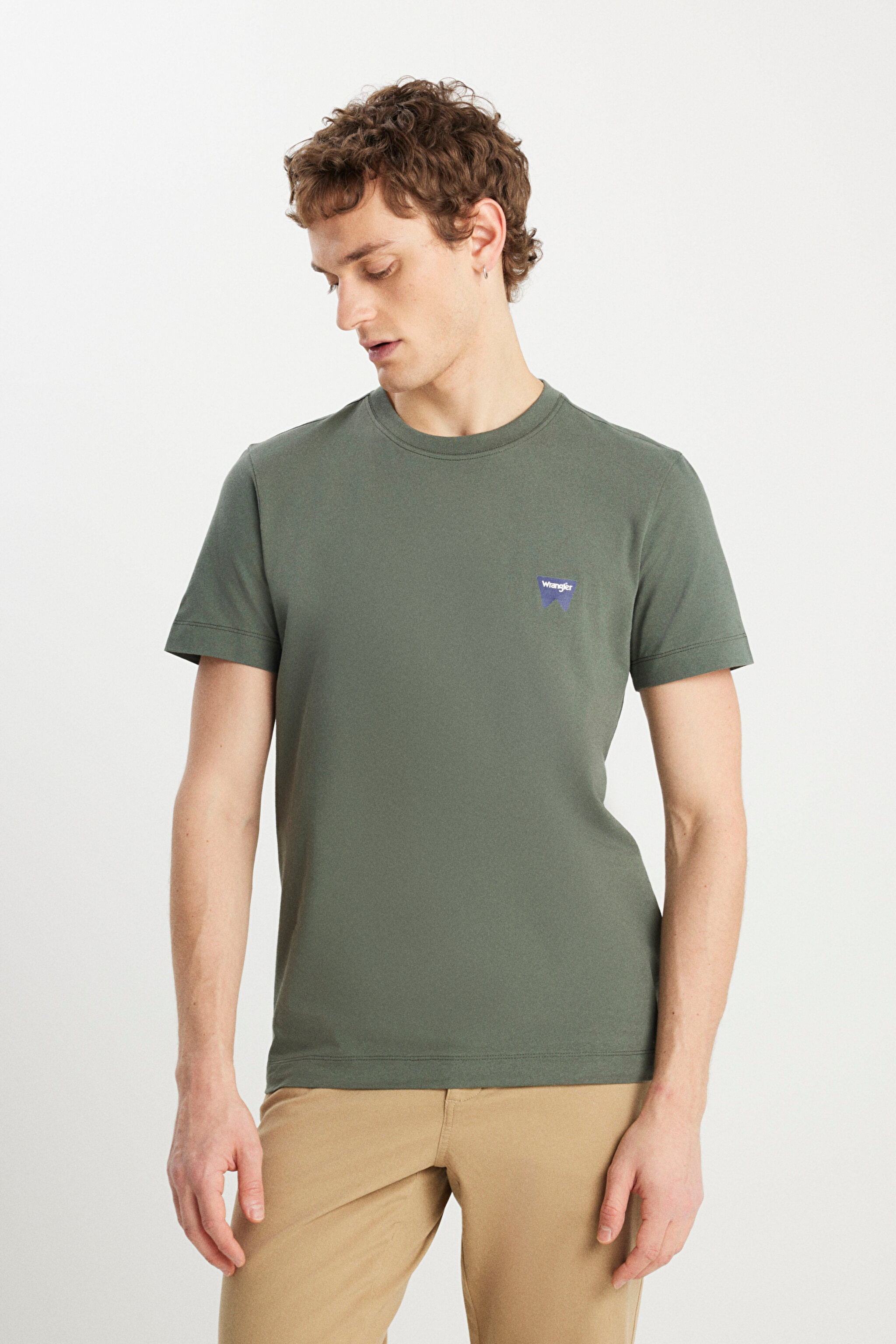 %100 Pamuk Regular Fit Normal Kesim Bisiklet Yaka Minimal Logo Zeytin Yeşili Tişört - Olive-MW70MD3308 (görsel 2)