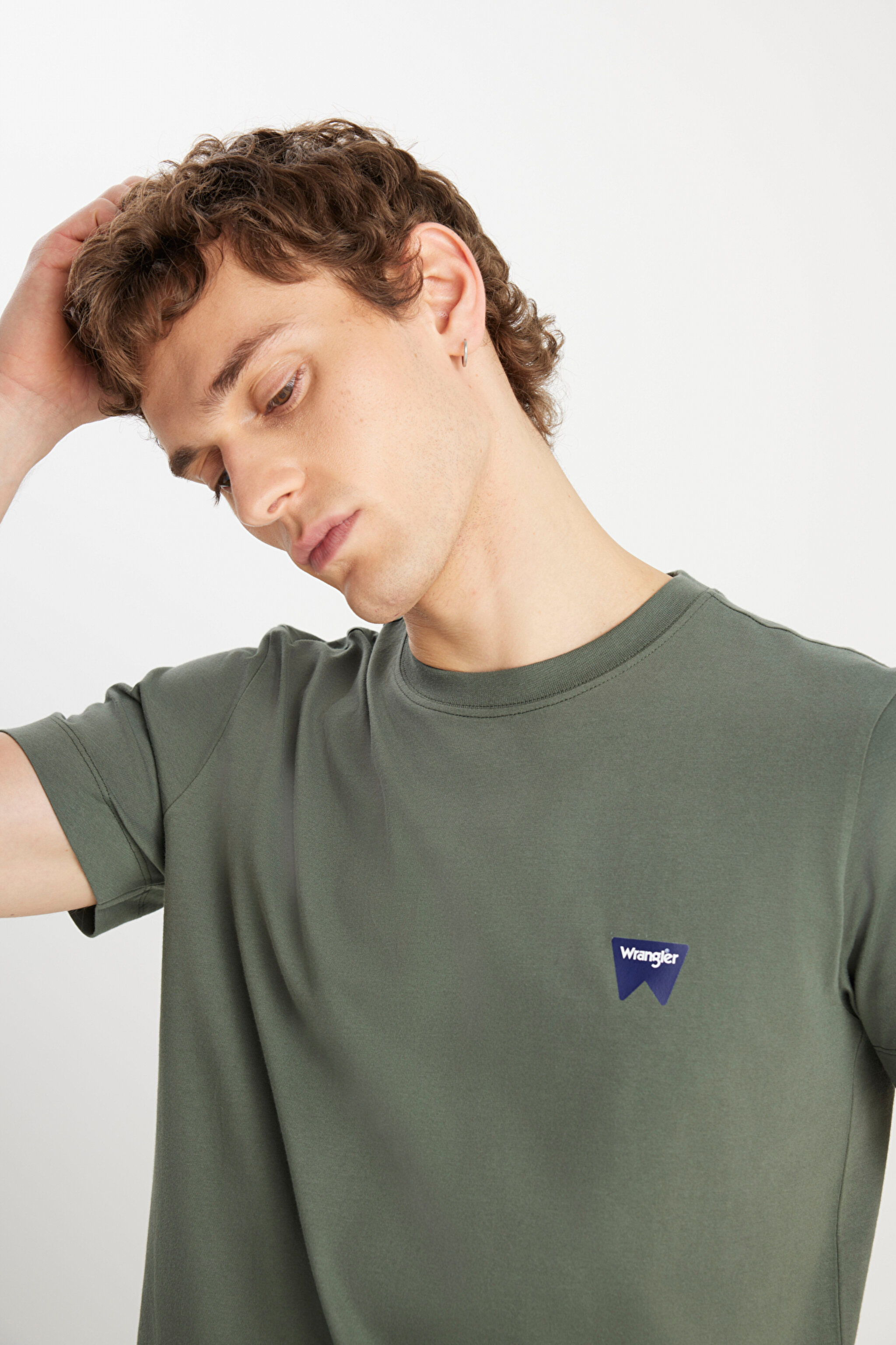 %100 Pamuk Regular Fit Normal Kesim Bisiklet Yaka Minimal Logo Zeytin Yeşili Tişört - Olive-MW70MD3308 (görsel 5)