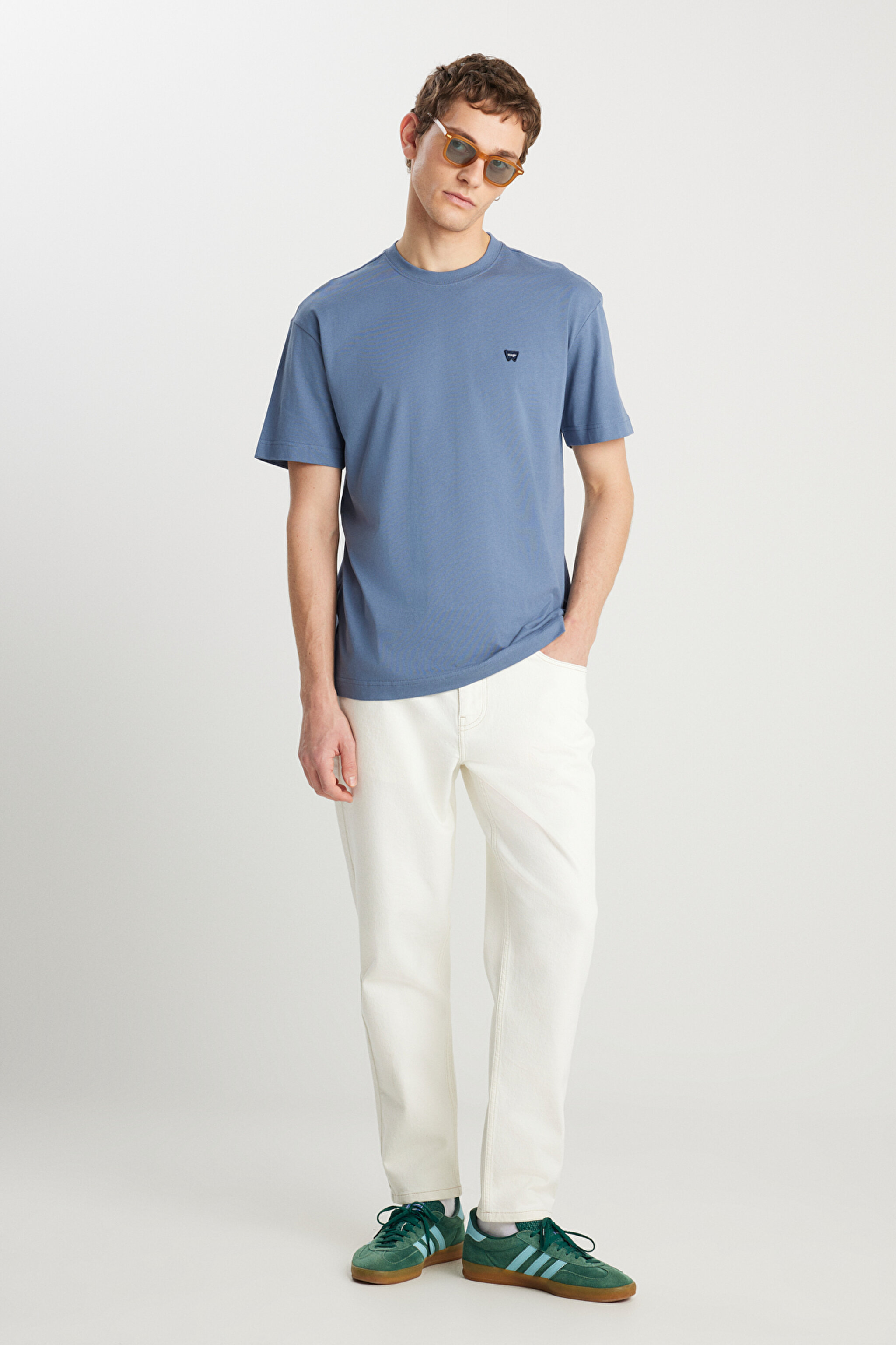 %100 Pamuk Relaxed Fit Geniş Kesim Bisiklet Yaka Minimal Logo Açık Mavi Tişört - Dusty Blue-MW7NM203877223 (görsel 3)