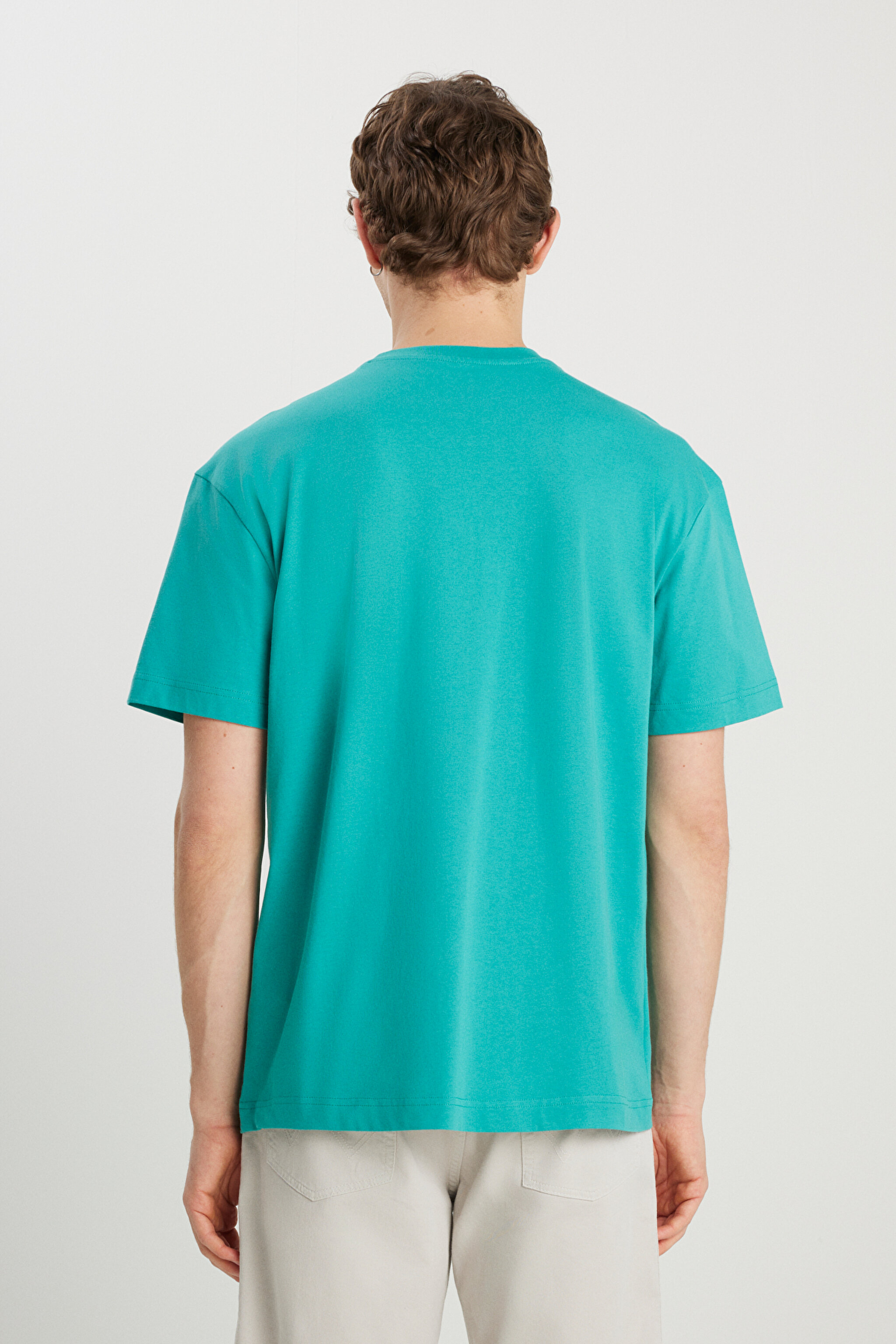 %100 Pamuk Relaxed Fit Geniş Kesim Minimal Logo Yeşil Tişört - Porcelain Green-MW7NM203877577 (görsel 5)
