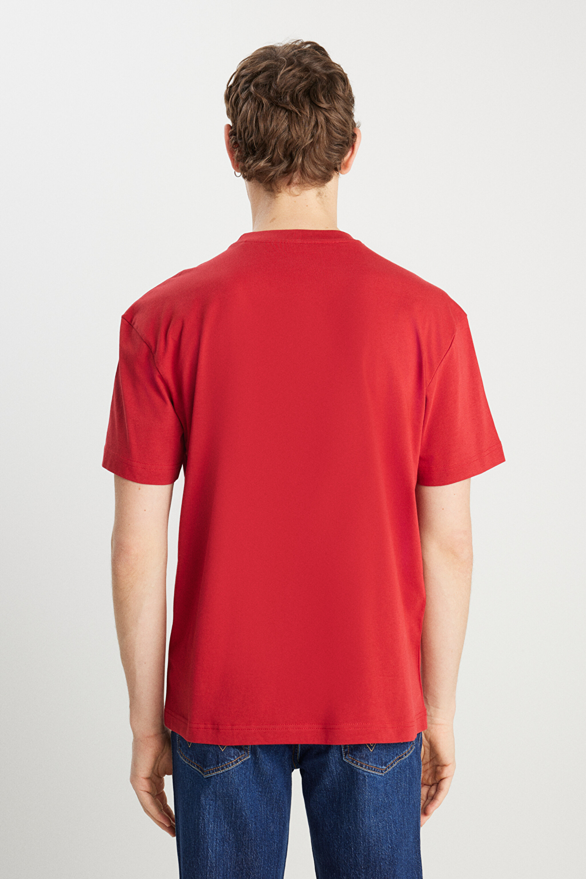 %100 Pamuk Relaxed Fit Geniş Kesim Minimal Logo Kırmızı Tişört - Red-MW7NM203877600 (görsel 5)