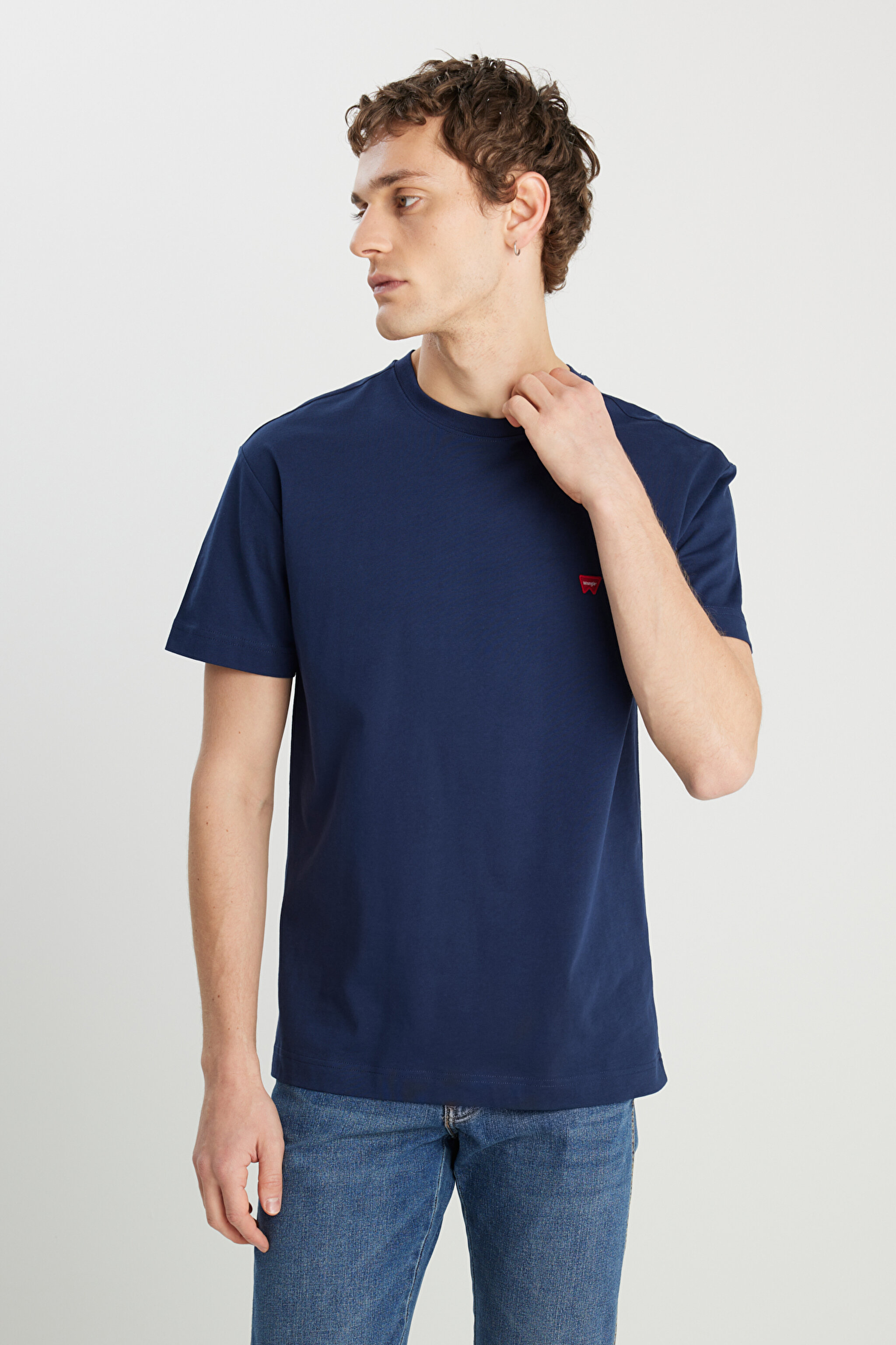 %100 Pamuk Relaxed Fit Geniş Kesim Bisiklet Yaka Minimal Logo Lacivert Tişört