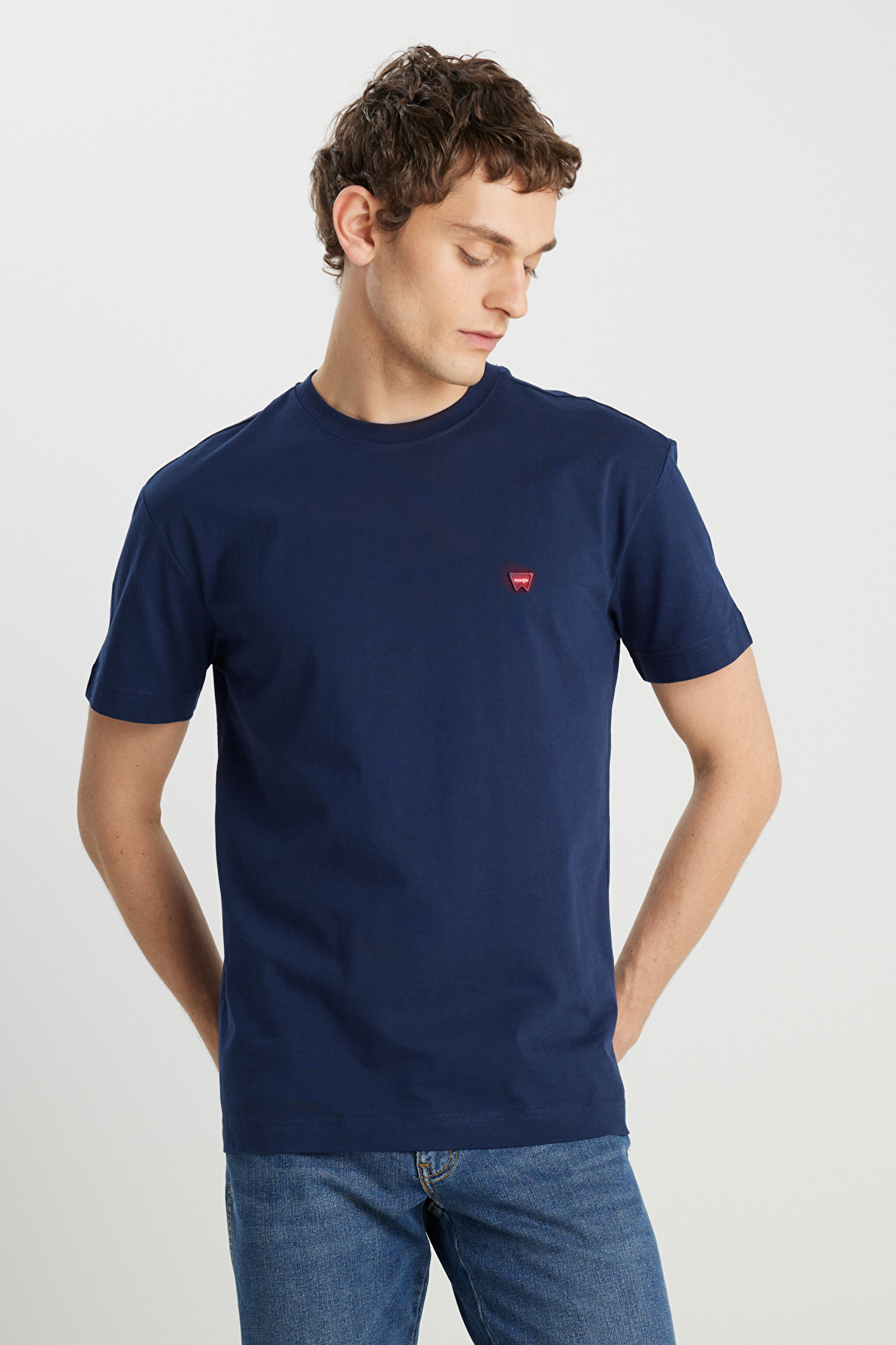 %100 Pamuk Relaxed Fit Geniş Kesim Bisiklet Yaka Minimal Logo Lacivert Tişört - Navy-MW7NM203877W72 (görsel 2)