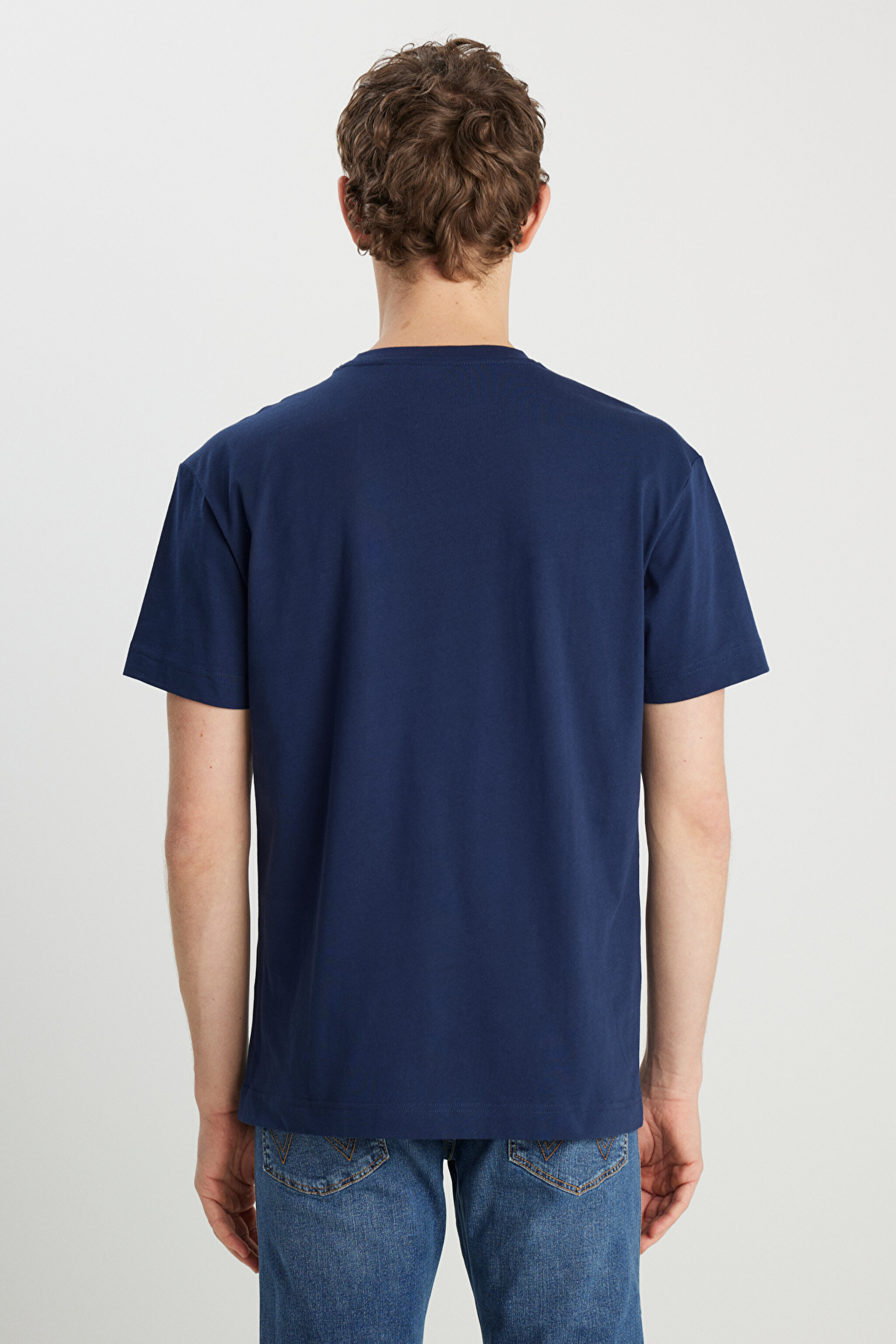 %100 Pamuk Relaxed Fit Geniş Kesim Bisiklet Yaka Minimal Logo Lacivert Tişört - Navy-MW7NM203877W72 (görsel 5)